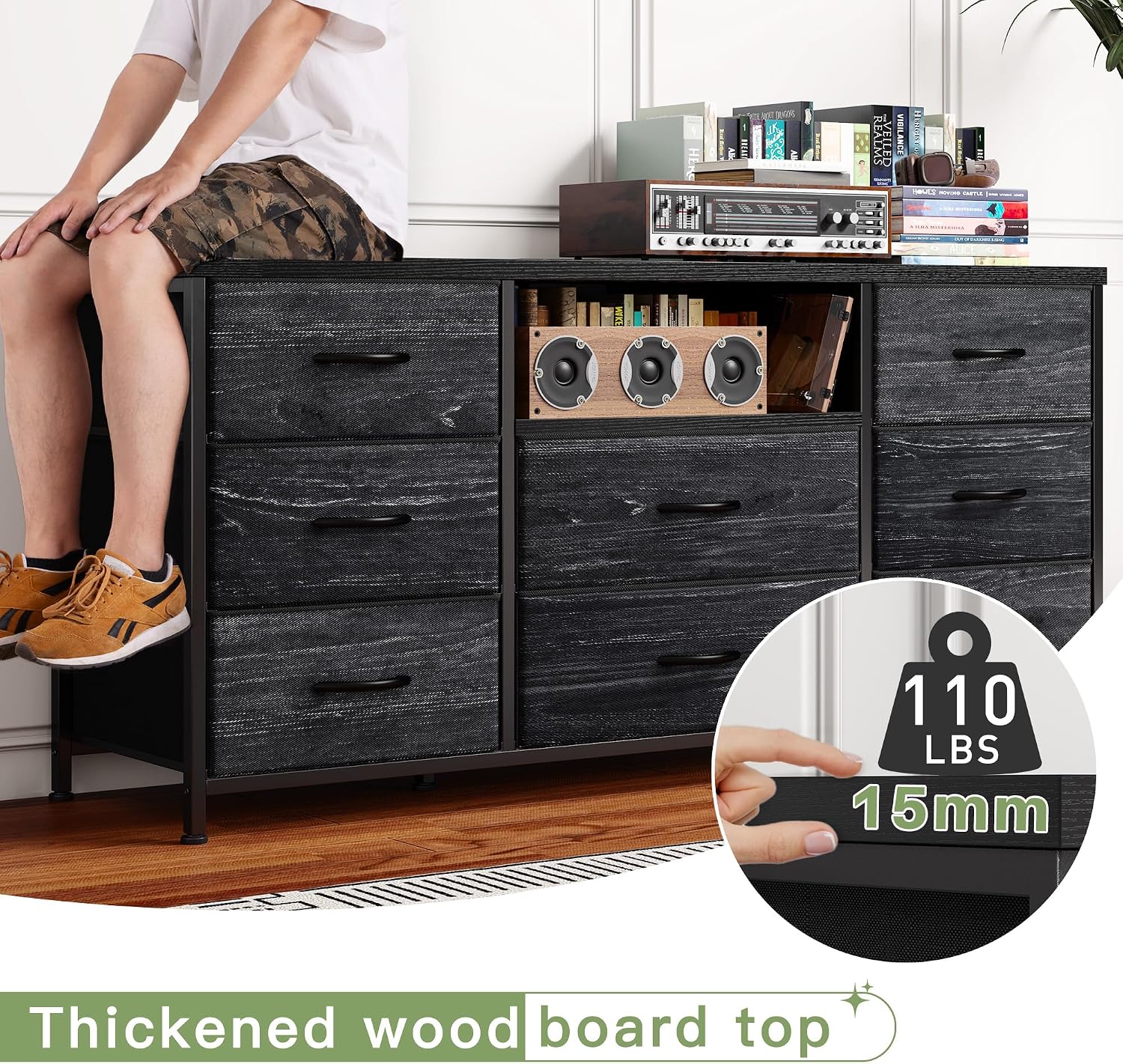 EnHomee Black Dresser for Bedroom with Charging Station, 8 Drawers Dressers & 55 inch TV Stand for Bedroom, Fabric Chest of Drawers with Open Shelves, Sturdy Dresser for Living Room, Hallway