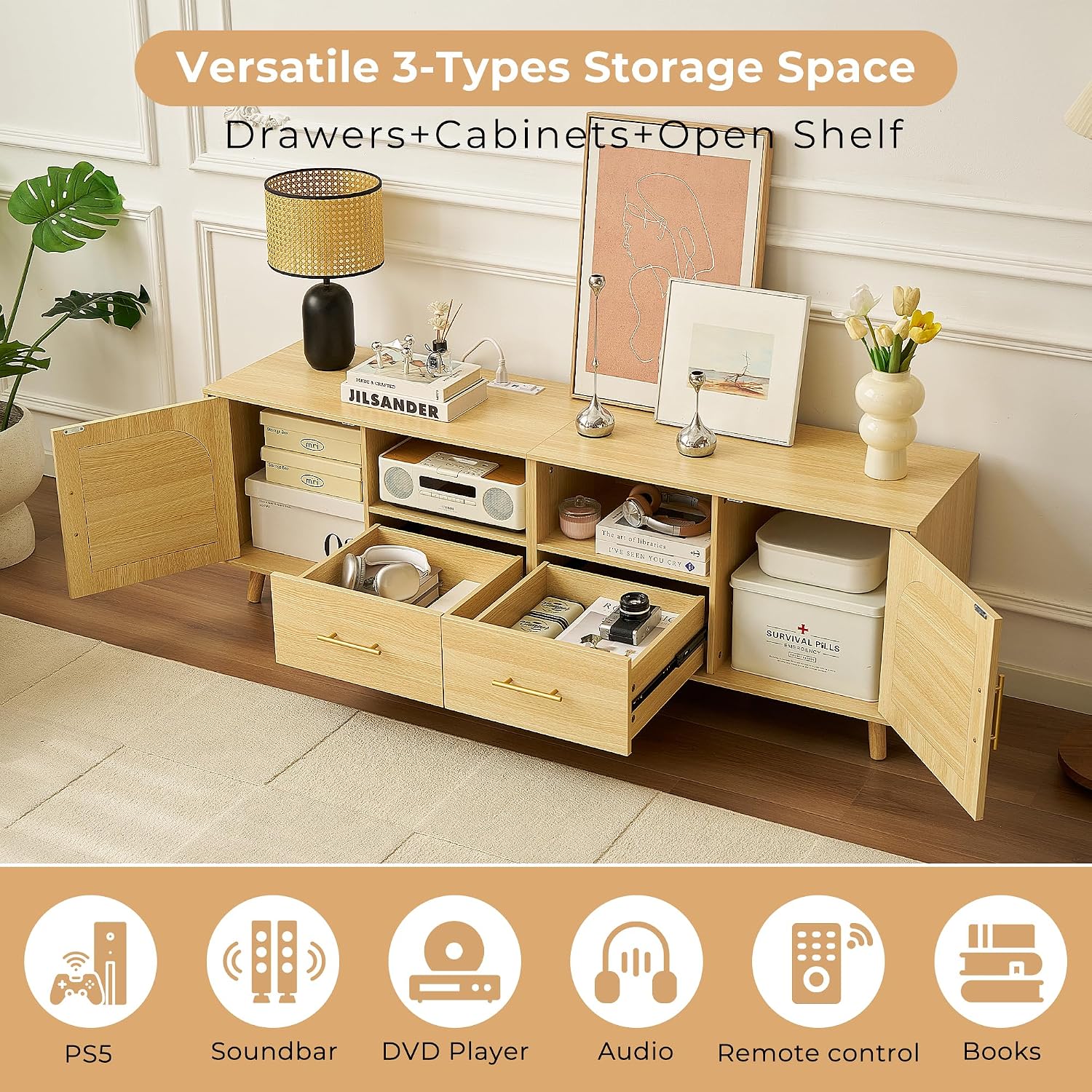 TV Stand for 70 Inch TV, 63' Modern Fluted TV Stand with Outlet, 2 Drawers & Cabinets, Entertainment Center with Open Shelves, Minimalist TV Stands for Living Room (Natural Wood)