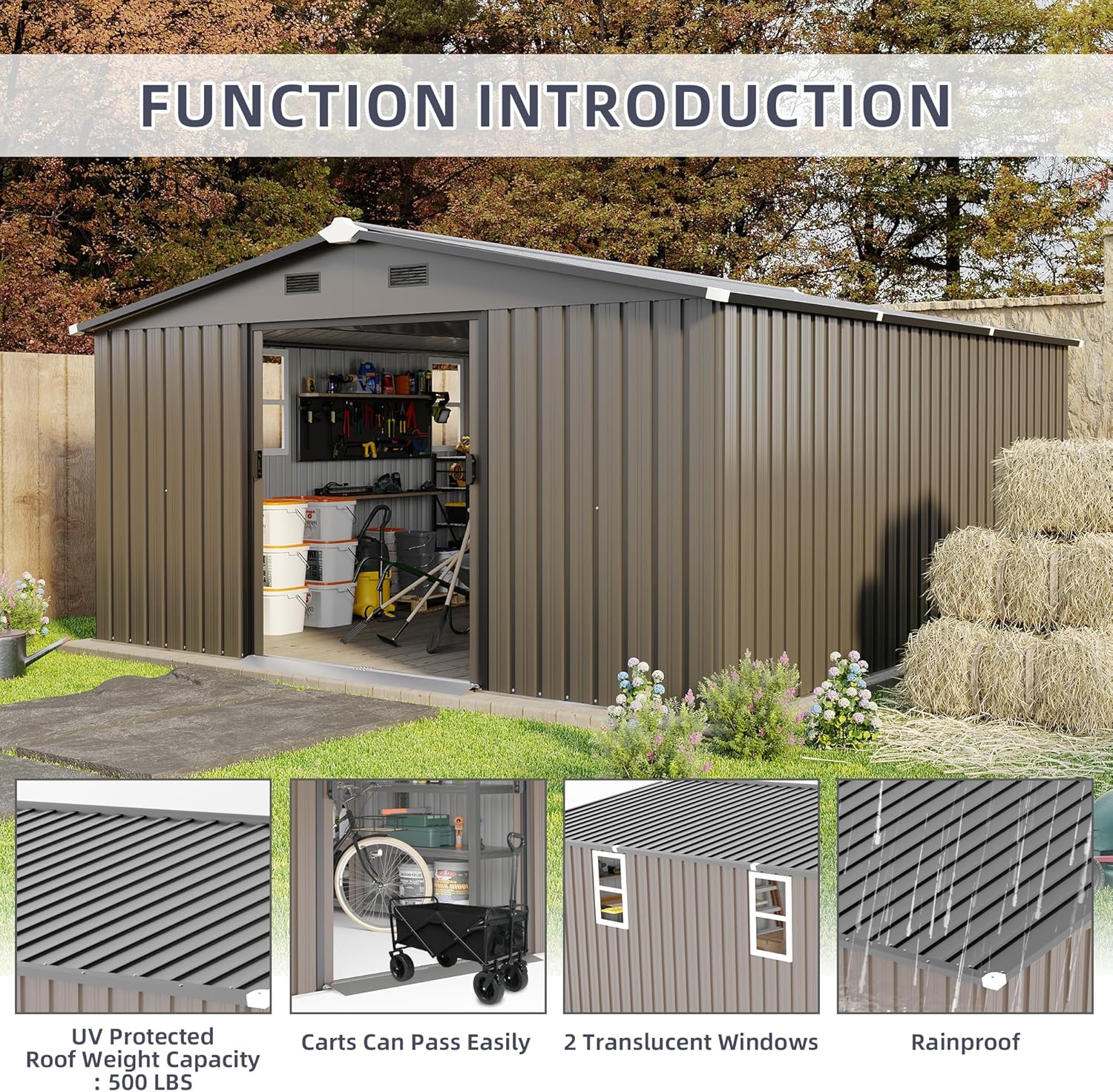 10x12 FT Metal Outdoor Storage Shed with Windows and Tool Kit, Heavy Duty Color Steel Panel, Weatherproof Utility Shed for Backyard Garden, Large Storage Building for Tools, Equipment and Bikes