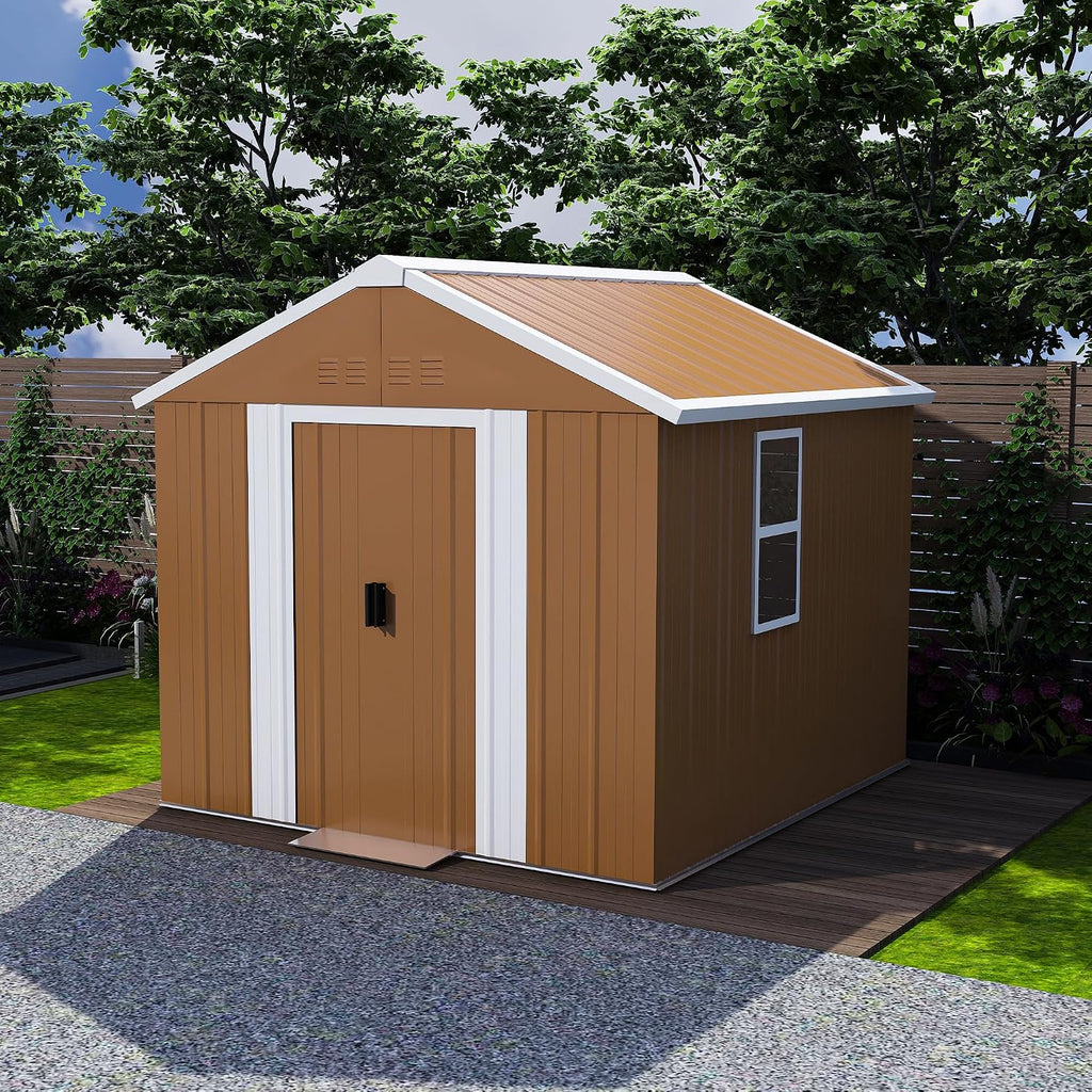 6x4 FT Heavy-Duty Outdoor Metal Storage Shed with Windows, Lockable Sliding Door & Ventilation - Weatherproof Outdoor Garden Shed for Backyard, Lawn, Tool Organization & Pet House (Brown, 6X4 FT)