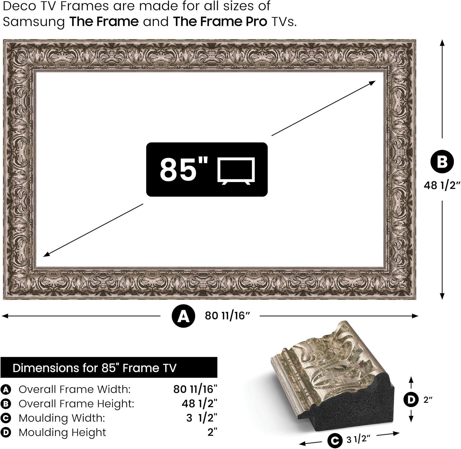 Tuscan Silver 85' Premiere Deco TV Frame - Compatible ONLY with Samsung The Frame TV and Pro TVs (Fits 2021-2026, LS03A, LS03B,LS03C,LS03D,LS03FA,LS03FW)