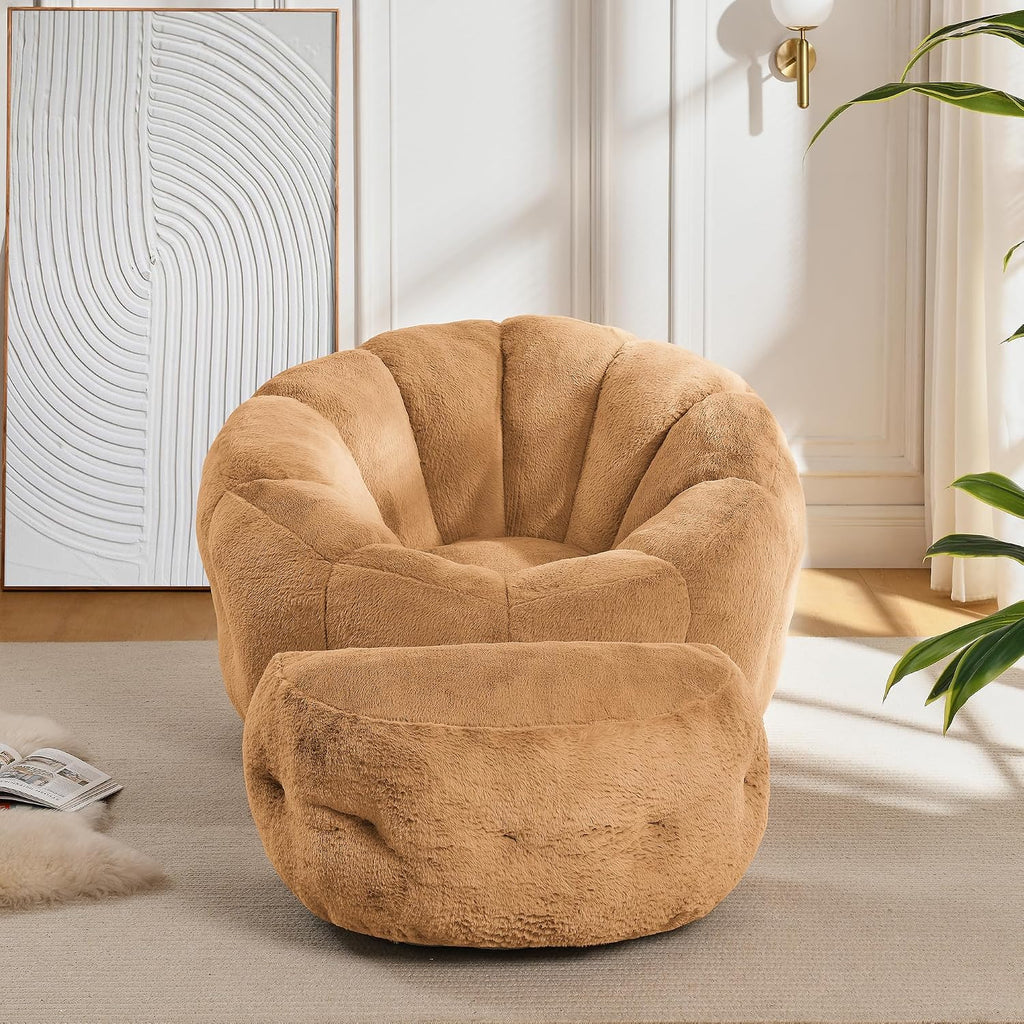 Bean Bag Chair with Ottoman, Flower Shape Bean Bag Chairs for Adults and Teens, Comfy Plush Faux Fur Bean Bags for Living Room, Bedroom, Apartment, Dorm, Brown