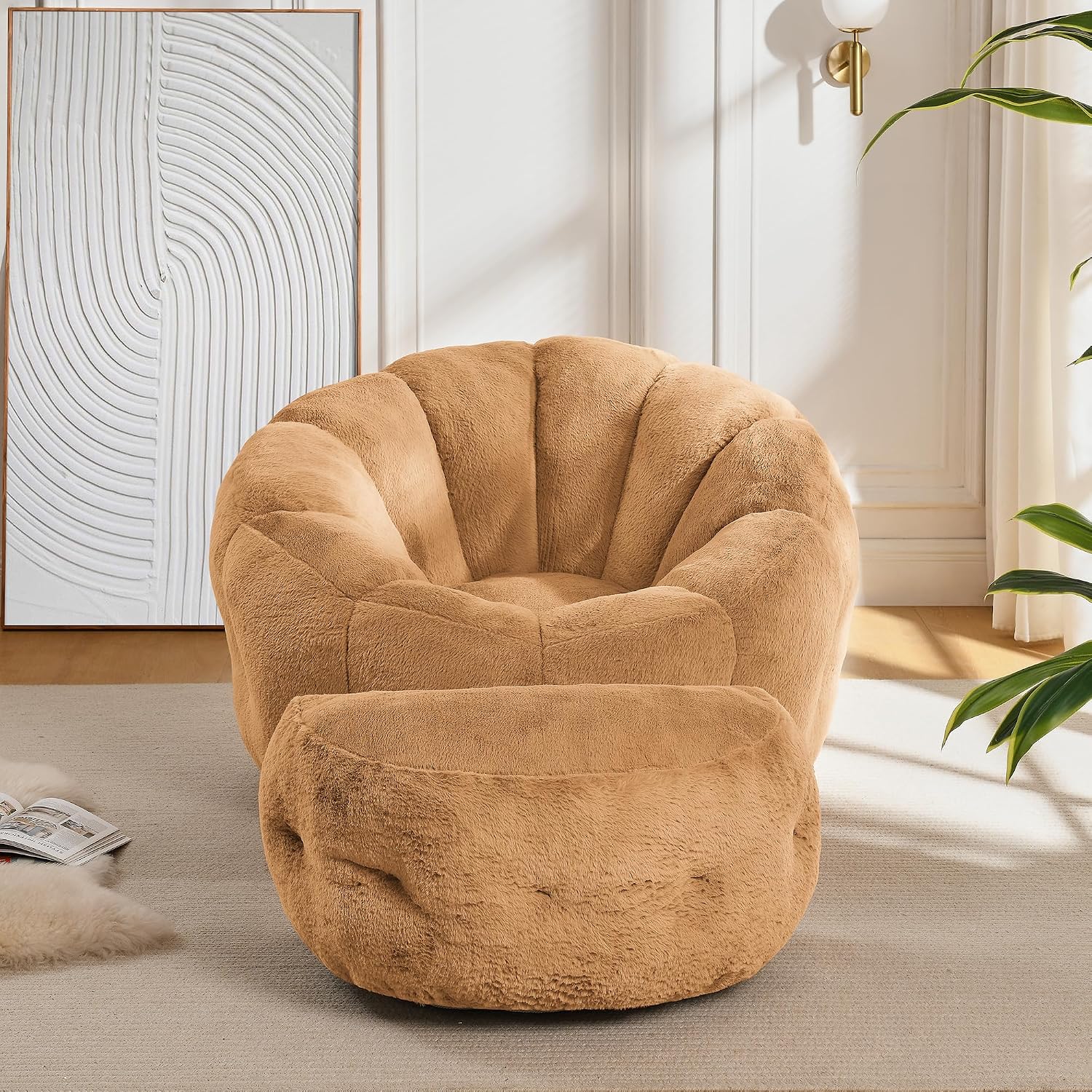 Bean Bag Chair with Ottoman, Flower Shape Bean Bag Chairs for Adults and Teens, Comfy Plush Faux Fur Bean Bags for Living Room, Bedroom, Apartment, Dorm, Brown