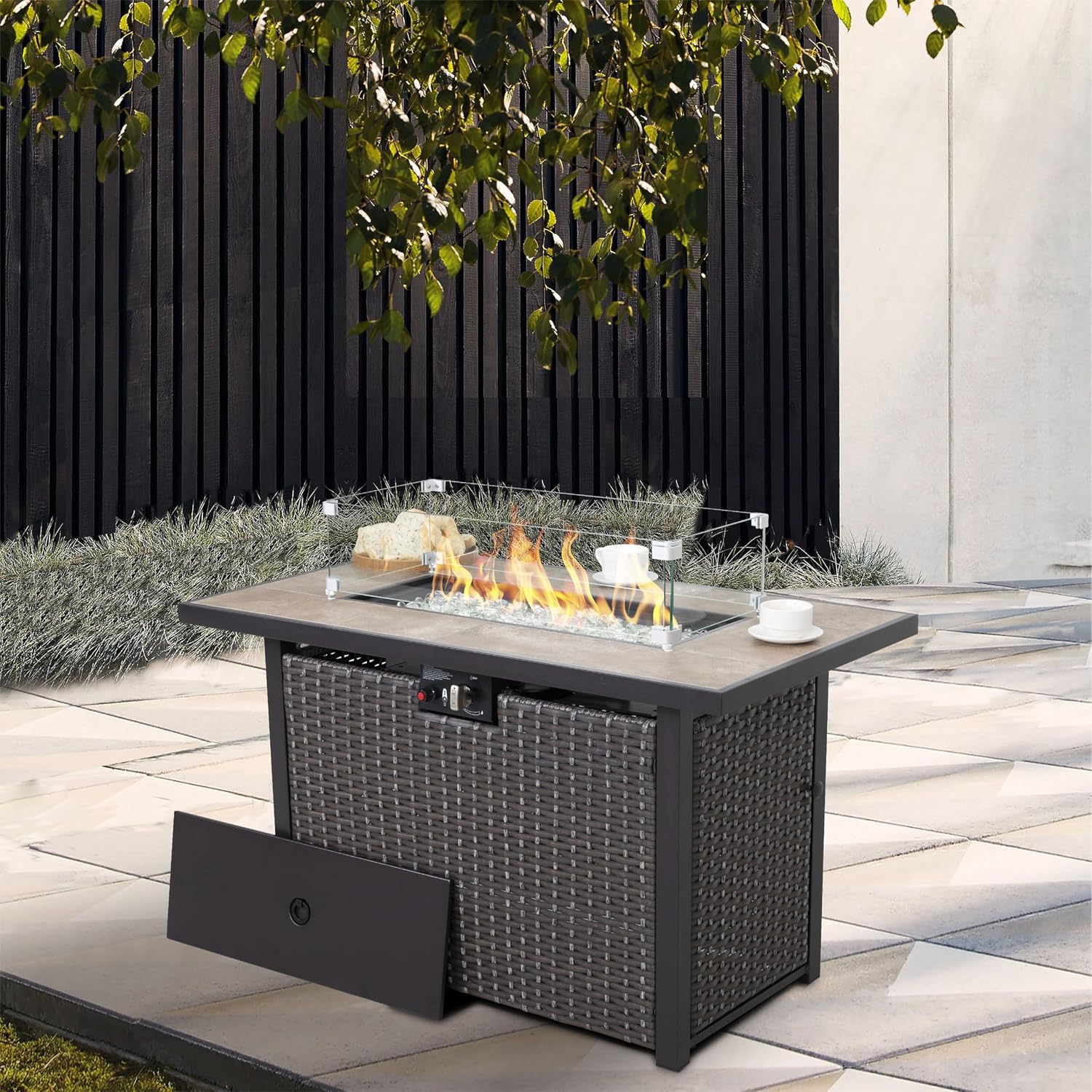 Nuu Garden Propane Fire Pit Table, CSA Certified 43 Inch 50,000 BTU Outdoor Gas Fire Pit Table with Ceramic Tabletop, 7 lbs Glass Stone and Oxford Cover, Dark Brown and Coffee