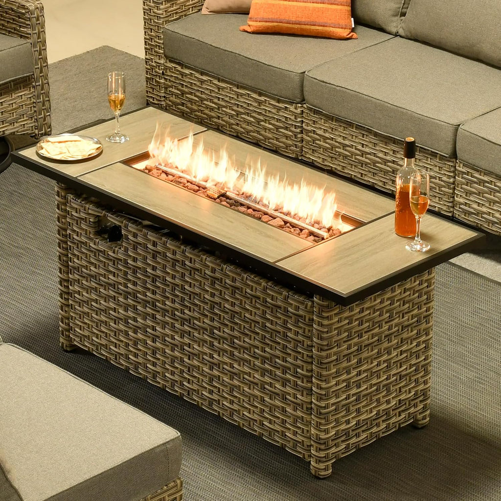 OVIOS 54' Outdoor Propane Fire Pit Table, 50,000 BTU PE Rattan Weaved Firepits with Ceramic Tabletop, Waterproof Cover, Steel Lid, Lava Rock for Patio Deck Garden, Mixed Color