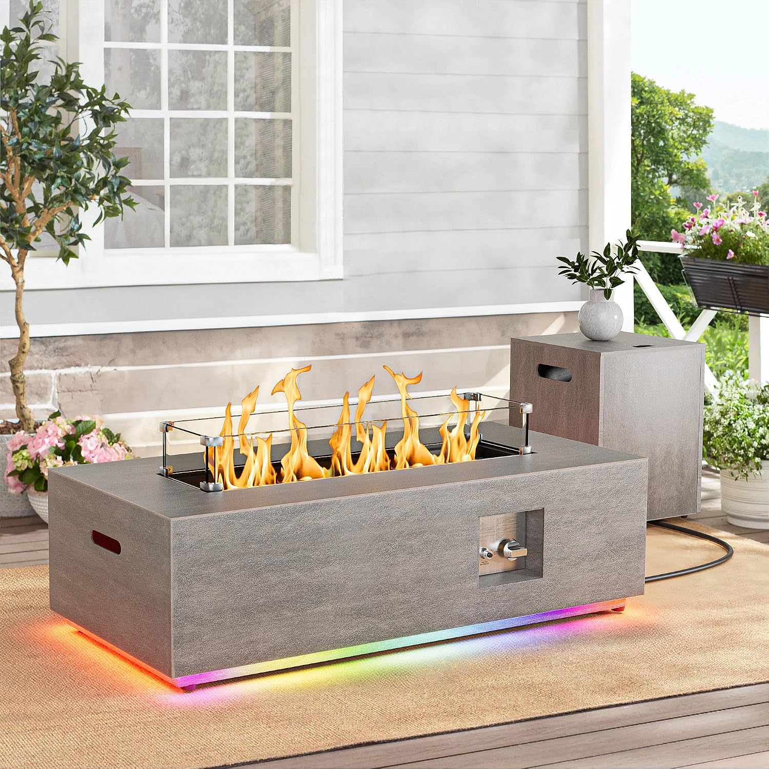 Dineli 2-Piece Outdoor Propane Fire Pit Table Set w Tank Table 42'' Rectangular Firepit Gas Fire Pits for Outside Patio Table Fire Pit w LED, 50,000 BTU (Gray, with RGB Light)