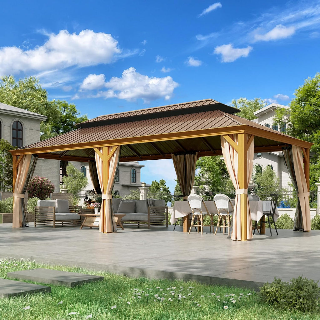 EROMMY 12'x24' Hardtop Gazebo, Galvanized Steel Double Roof with Wood Grain Aluminum Frame, Outdoor Gazebo with Curtains and Nettings for Patio, Backyard and Deck