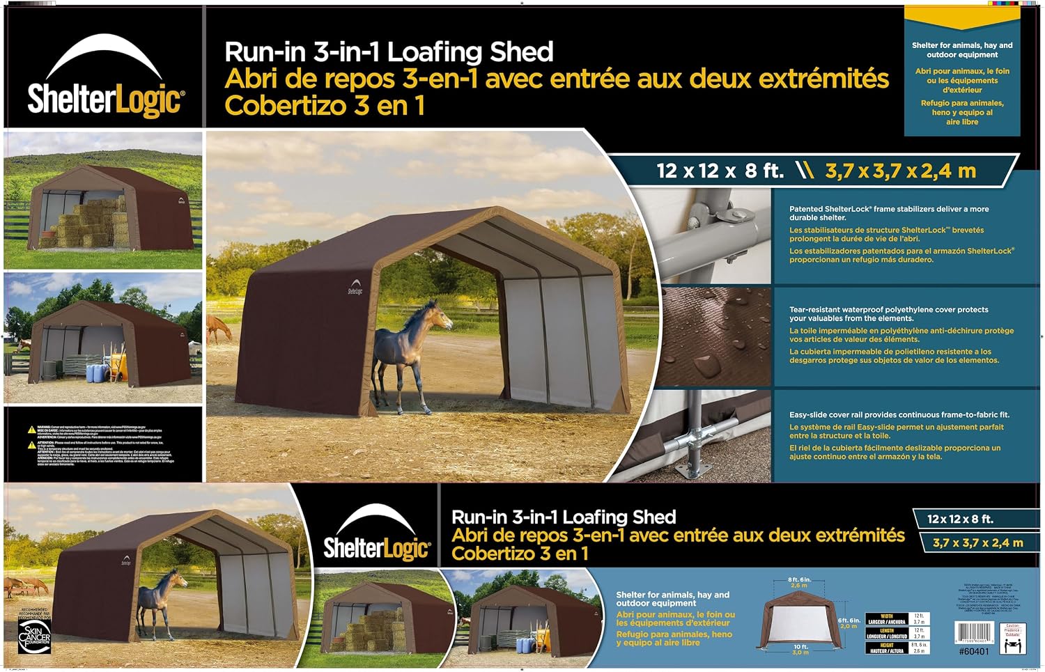 ShelterLogic 12' x 12' x 8' 3-in-1 Outdoor Loafing Shed Animal Shelter with Waterproof Cover, All-Weather Outdoor Storage Shed for Animals, Agriculture, and Farm Equipment, Brown
