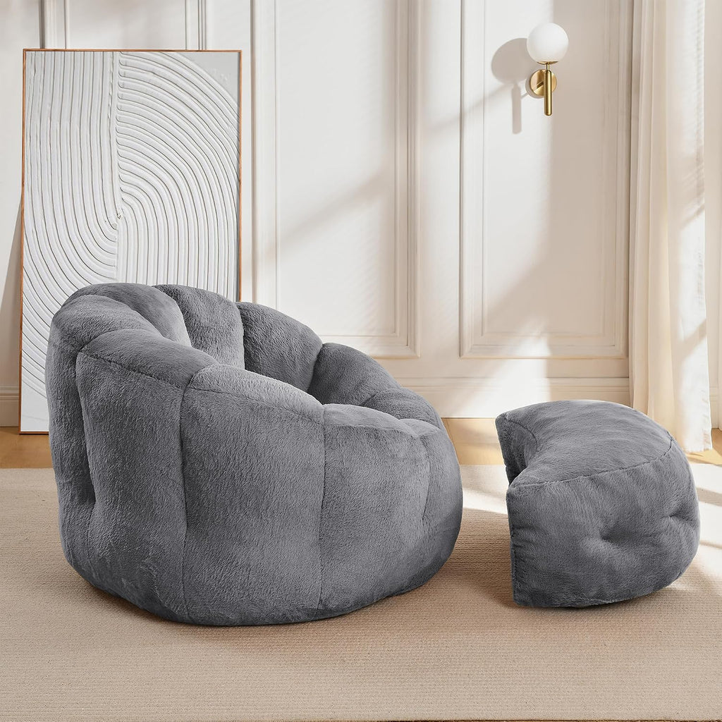 Bean Bag Chair with Ottoman, Flower Bean Bag Chairs for Adults and Teens, Comfy Plush Faux Fur Reading Chair for Living Room, Bedroom, Apartment, Dorm, Grey