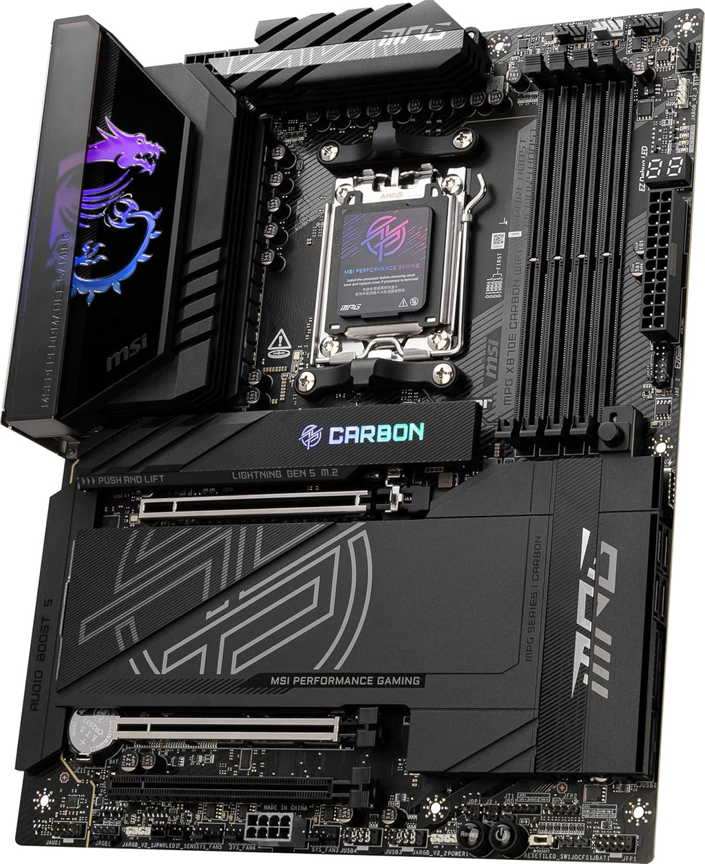 MSI MPG X870E Carbon WiFi Gaming Motherboard (AMD Ryzen 9000/8000/7000 Series Processors, AM5, DDR5, PCIe 5.0, M.2 Gen5, SATA 6Gb/s, USB 40Gbps, HDMI, Wi-Fi 7, Bluetooth 5.4, 5Gbps LAN, ATX)