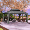 Domi 12x16FT Outdoor Gazebo, Hardtop Gazebo with Galvanized Steel Double Roof, Metal Gazebos with Drainage System Patio Pergola for Patio Deck Backyard,Curtain and Netting,Gray