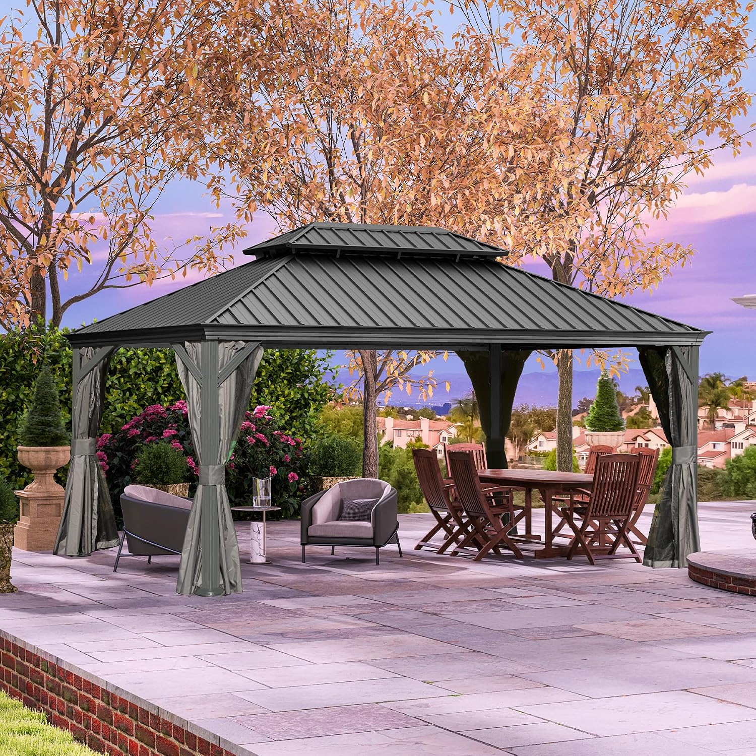 Domi 12x16FT Outdoor Gazebo, Hardtop Gazebo with Galvanized Steel Double Roof, Metal Gazebos with Drainage System Patio Pergola for Patio Deck Backyard,Curtain and Netting,Gray
