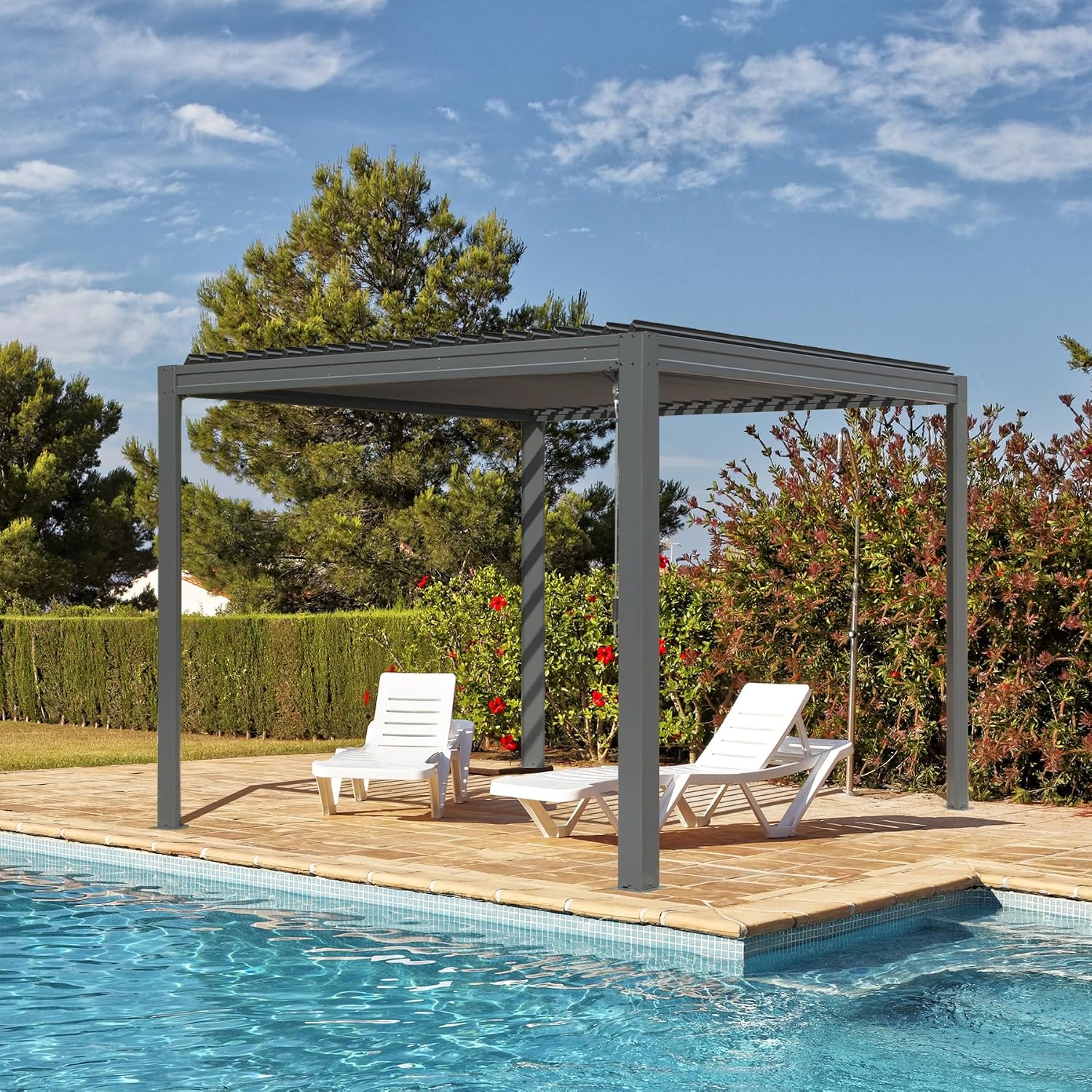 Domi Outdoor Louvered Pergola 10x10FT with Adjustable Steel Roof, Outdoor Aluminum Frame Rainproof Pergola for Backyard, Garden and Lawn,Gray