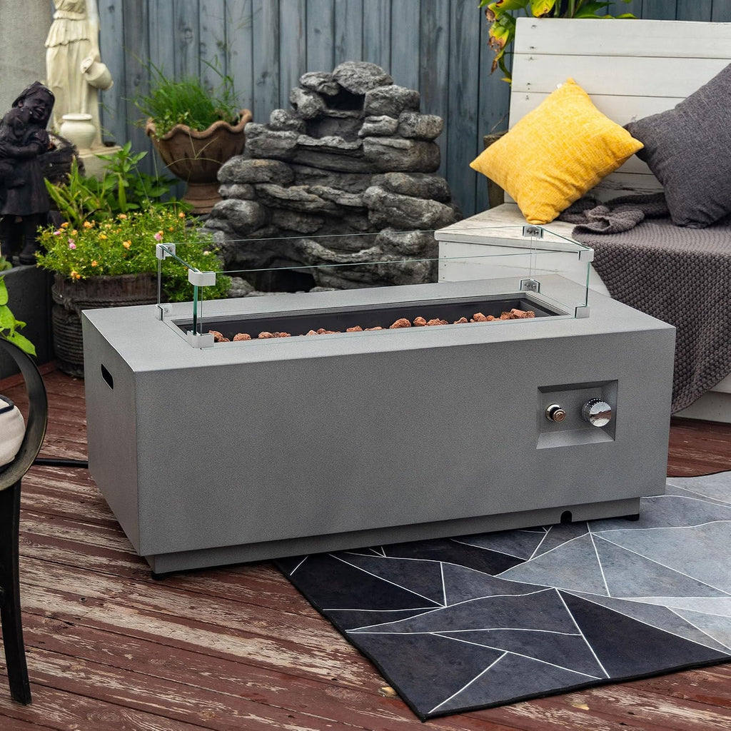 42' Outdoor Propane Fire Pit Table for Patio - 50,000 BTU Rectangular Gas Firepit Table, Grey Commercial-Grade Fireplace with Wind Guard