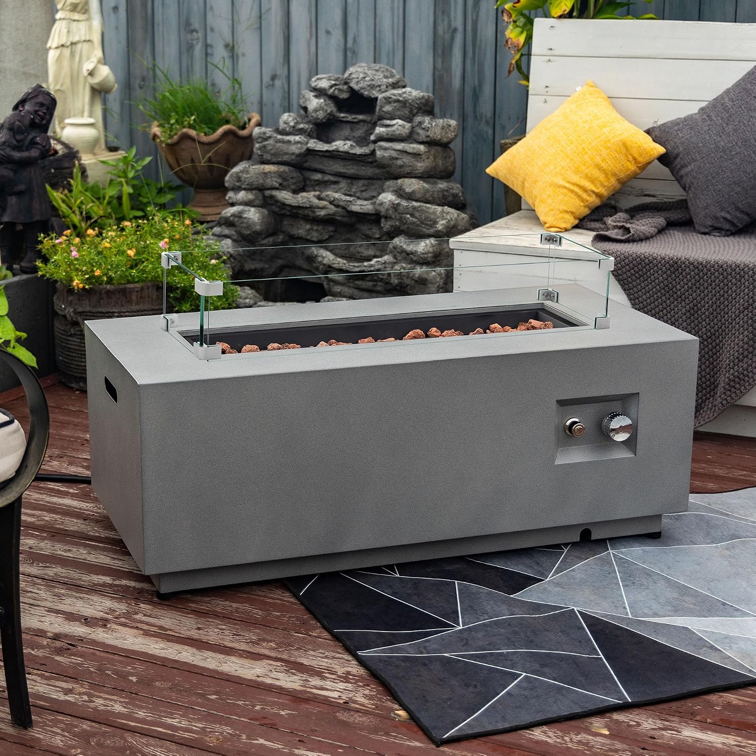 42' Outdoor Propane Fire Pit Table for Patio - 50,000 BTU Rectangular Gas Firepit Table, Grey Commercial-Grade Fireplace with Wind Guard