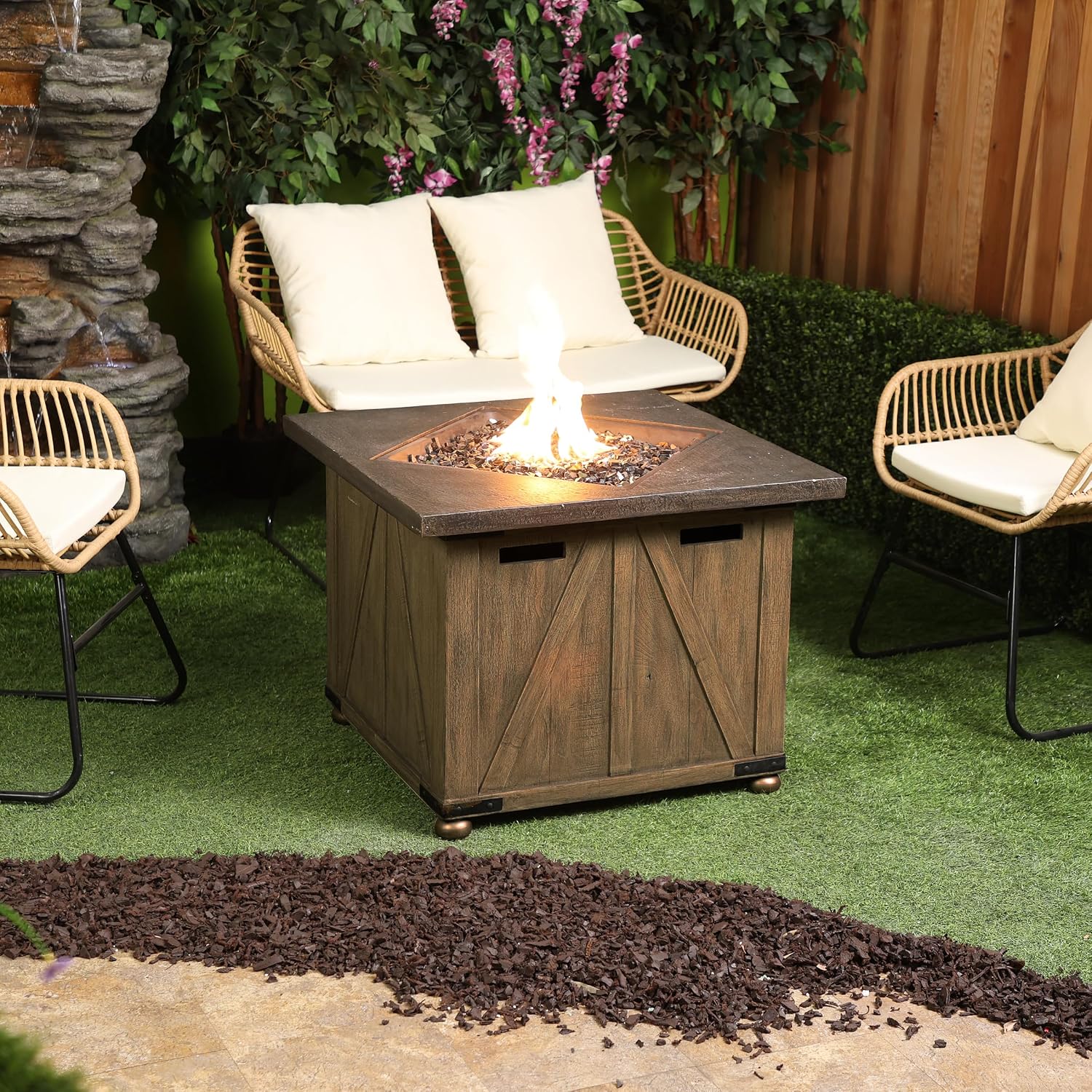 Alpine Corporation 24' Wood Grain Fire Pit Table, 50K BTU, All Weather Outdoor Heater with Flame Control for Patio, Garden and Yard