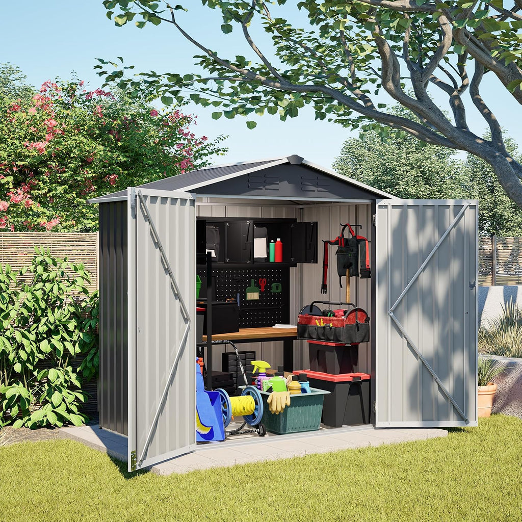6x4 FT Shed Outdoor Storage Metal Large Garden Tool Sheds with Lockable Doors Slooping Roof Floor Frame Waterproof Steel Utility Equipment Shed for Backyard Patio Lawn Poolside, Grey