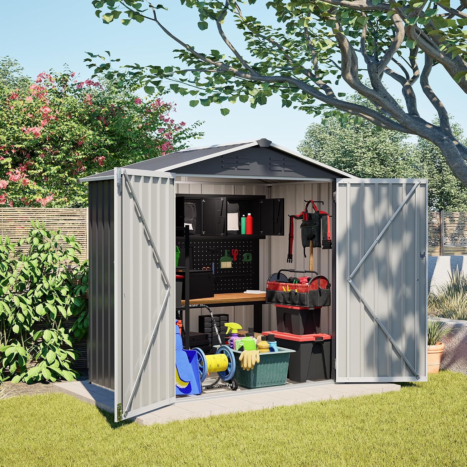 6x4 FT Shed Outdoor Storage Metal Large Garden Tool Sheds with Lockable Doors Slooping Roof Floor Frame Waterproof Steel Utility Equipment Shed for Backyard Patio Lawn Poolside, Grey