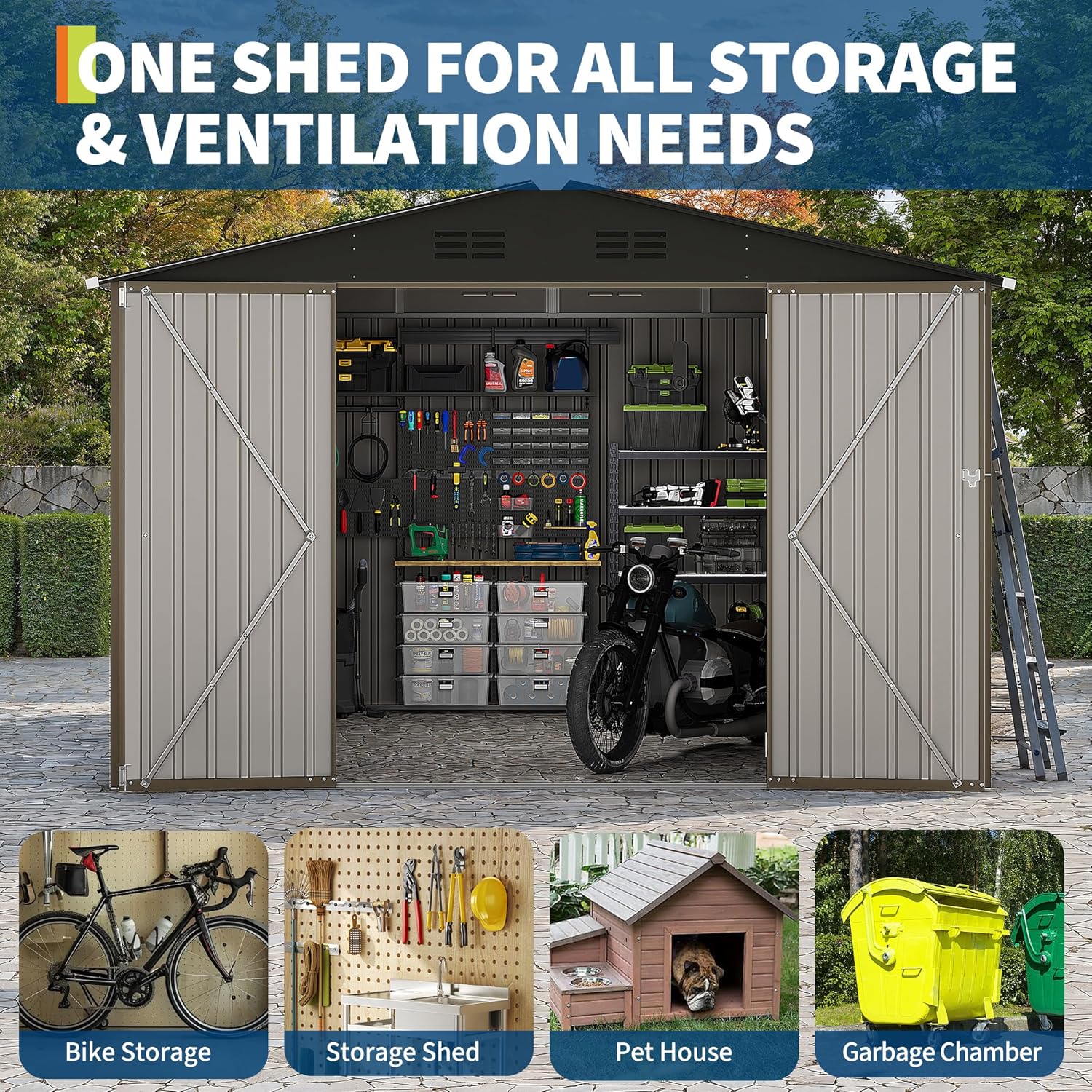 Garvee 10 X 10 FT Outdoor Storage Shed,Metal Garden Sheds&Outdoor Storage Clearance, Large Outdoor Storage Shed for Tools, Lawn Equipment, Garden Supplies - All Weather Lockable Metal Shed