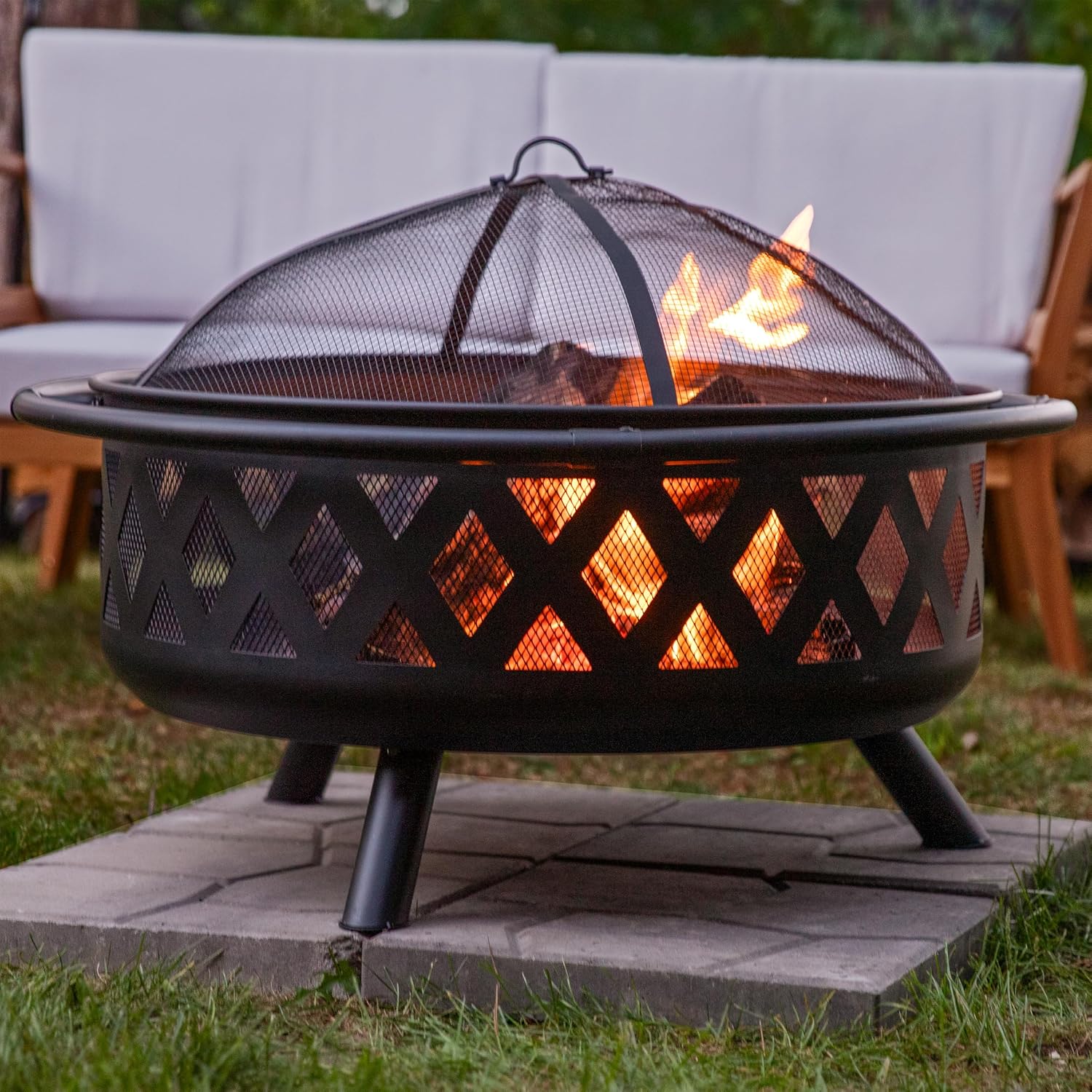 Sunnydaze Crossweave Outdoor Fire Pit - Wood-Burning Fire Pit for Outside with Spark Screen, Poker and Round Cover - 36-Inch - Black