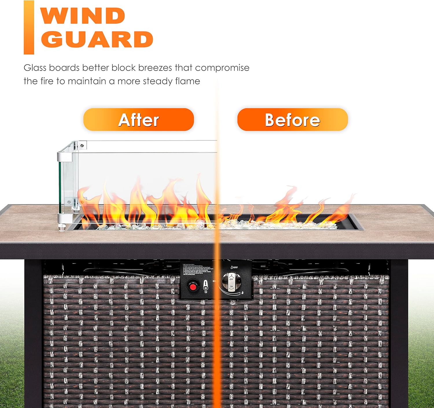 Nuu Garden Outdoor 43 Inch 50,000 BTU Propane Gas Fire Pit Table, Ceramic Tabletop, Water Proof Oxford Cover, Glass Fire Pit Wind Guard, Glass Beads, Lid Included, Dark Brown and Coffee