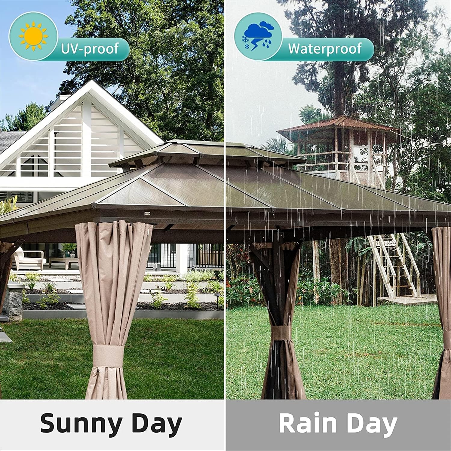 10x12Ft Hardtop Gazebo Outdoor Patio Gazebo with Polycarbonate Double Roof Aluminum Frame Pavilion with Curtain and Netting for Garden Patio Lawns Deck Backyard, Brown