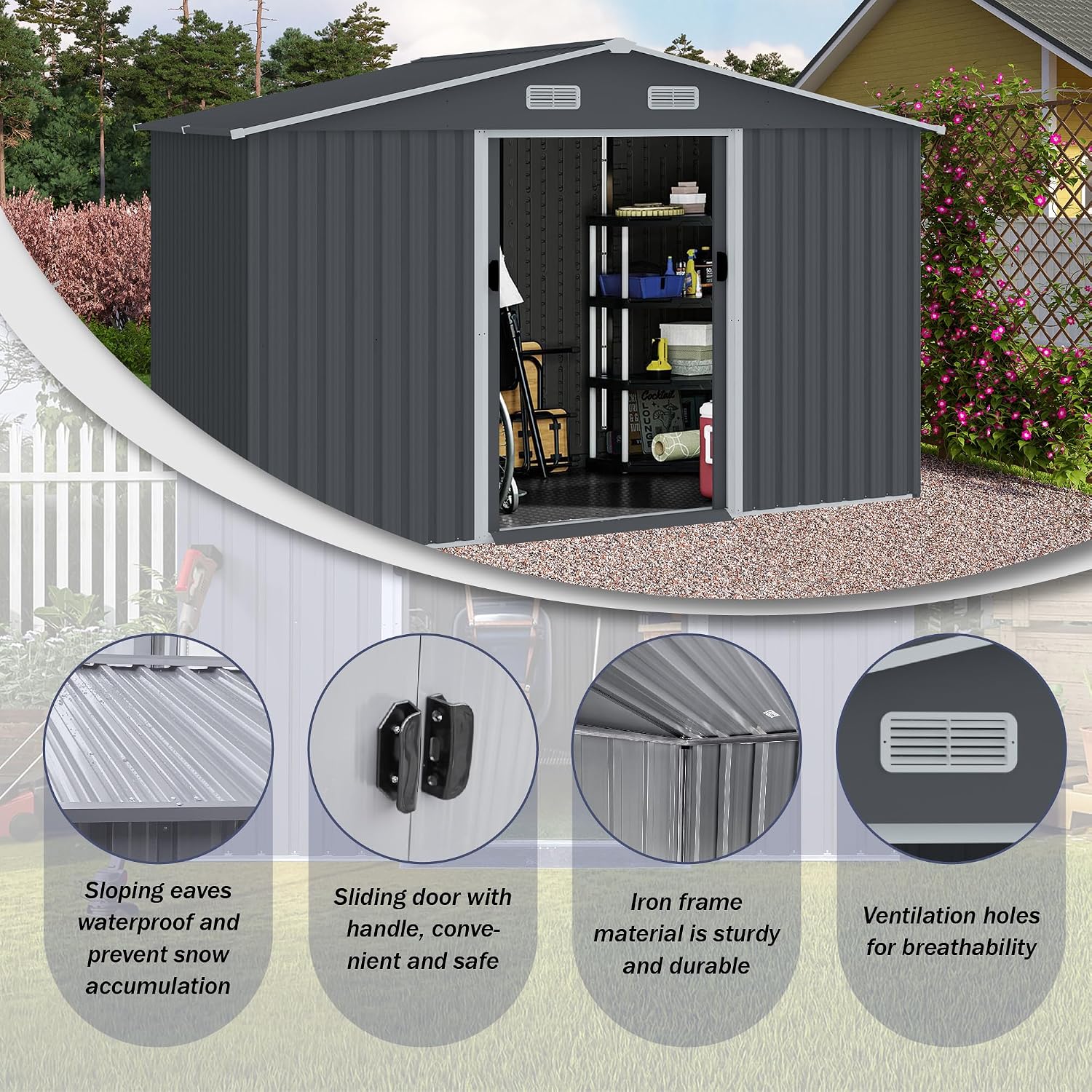 Shed with Windows,Large Metal Outdoor Storage Shed, Lockable Tool Storage shed, Steel Garden shed, Suitable for Backyard, Terrace, and Poolside (Grey, 8FTx10FT)