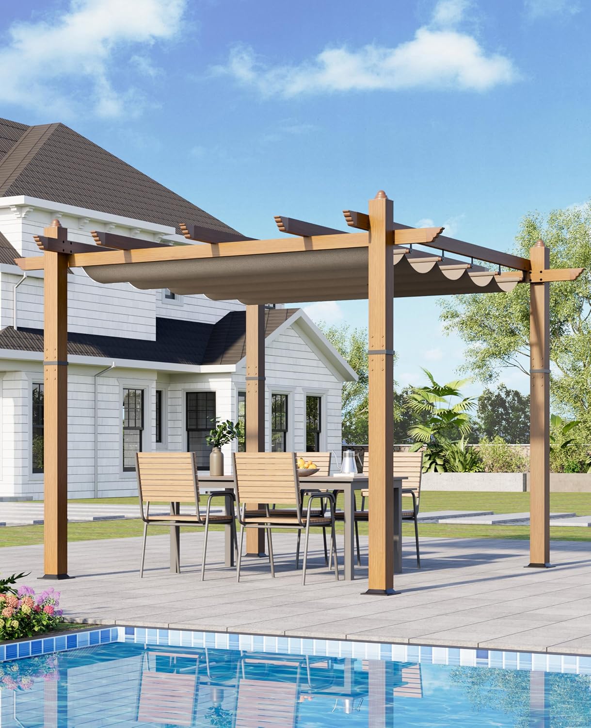 GarveeLife 10x10 ft Outdoor Pergola with Retractable Canopy Upgraded Outdoor Aluminium Pergola, Faux Wood Grain Metal Patio Gazebo for Modern Backyard Deck for Porch, Awning, Grape Trellis, Khaki