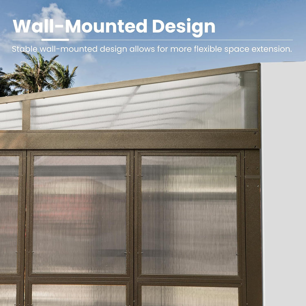 Domi Wall Mounted Sunroom 12x14FT, Wall Solarium with Aluminum PC Sloping Roof, Detachable PC Screen House, Lockable Sliding Front and Side Doors, Outdoor Lean-to Gazebo, Sun Room for Deck Patio