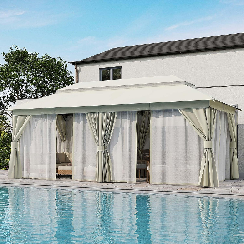 LAUSAINT HOME 10'x20' Outdoor Gazebo, Metal Frame Heavy Duty Patio Canopy Tent Shelter with Double Roofs, Mosquito Nettings and Privacy Screens for Backyard, Garden, Lawn, Cream White