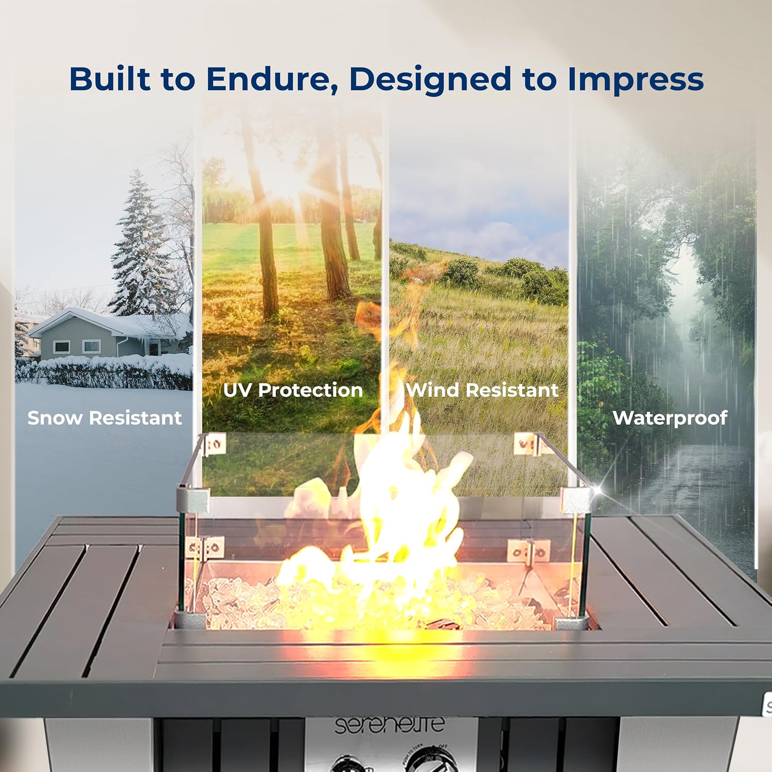 SereneLife Propane Fire Pit Table 50,000 BTU with Sturdy Metal Frame, Stainless Steel Fire Pan, Decorative Glass Rocks, Weather Cover, CSA Certified for Patio, Backyard, or Garden Use
