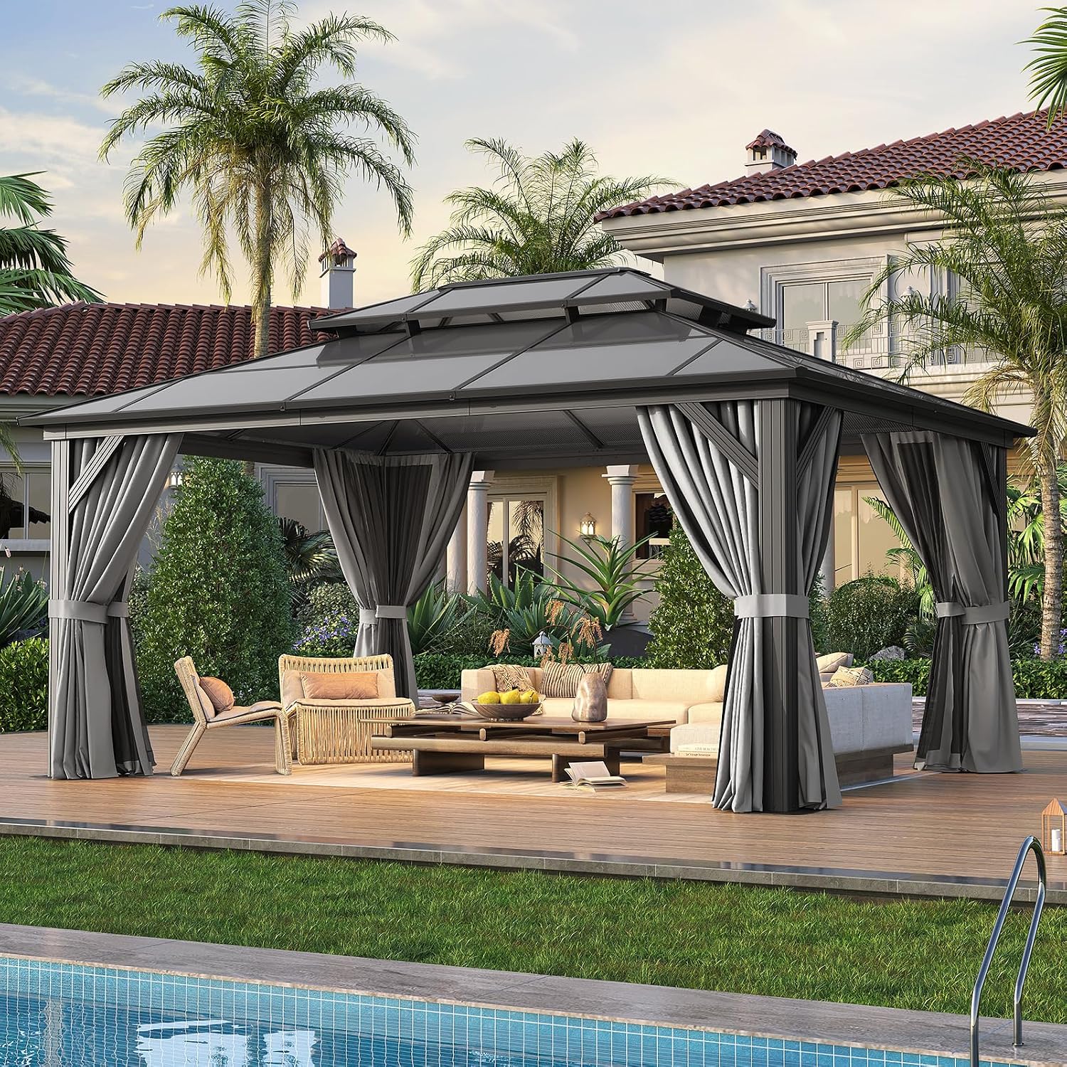 12' x 16' Double Roof Gazebo with Dark Gray Polycarbonate Panels, Sturdy Aluminum Frame, Weather-Resistant Pavilion with Curtains for Outdoor Patio, Garden, and Backyard