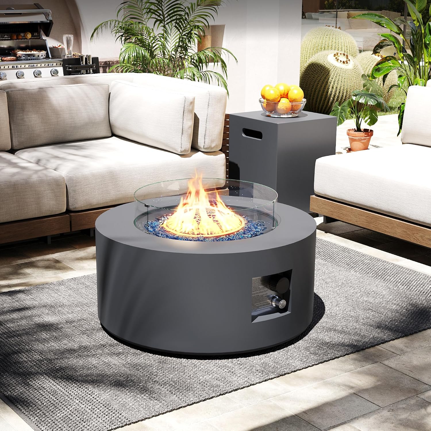 UPHA 28-inch Outdoor Propane Gas Fire Pit Table 40000 BTU Iron Round Firepit for Outside Patio with Tank Hidden Table, Wind Guard, Removable Lid, Blue Glass Rocks, Rain Cover, Grey