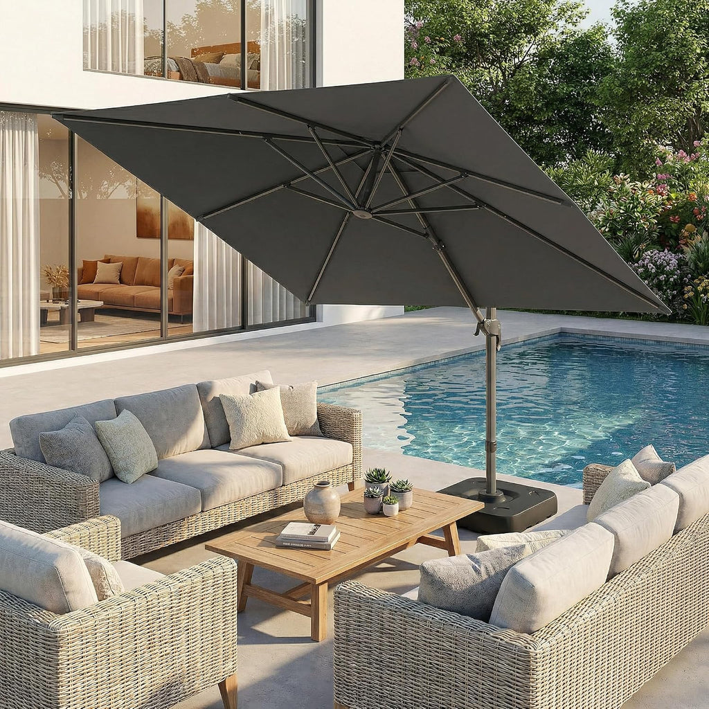 Hoteel 10ft Patio Umbrella Heavy Duty Aluminum Windproof & Shade Provision Outdoor Cantilever Double Top Offset Large Umbrella Height Adjustable with 360°Rotation for Patio Pool Deck Gazebo, Gray