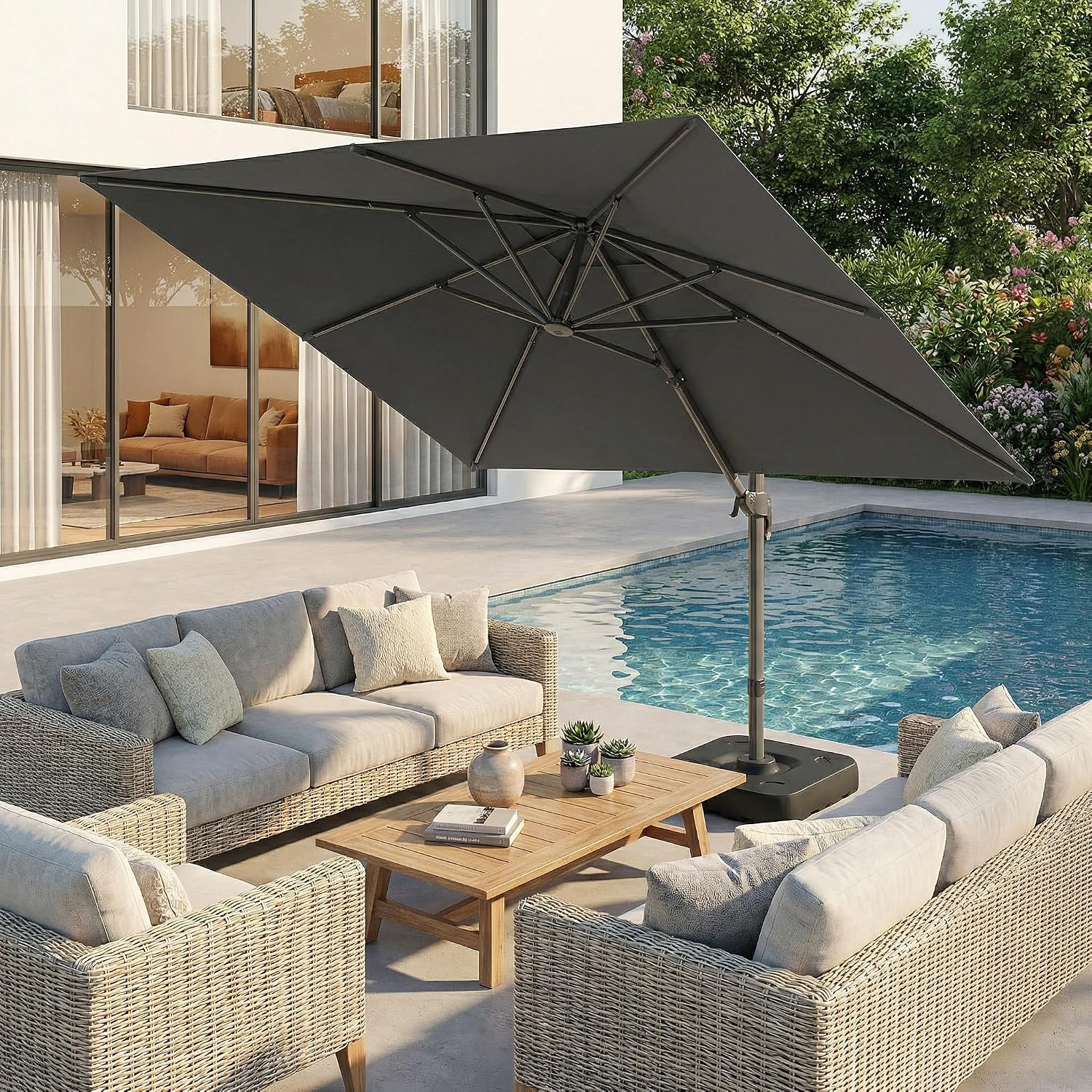 Hoteel 10ft Patio Umbrella Heavy Duty Aluminum Windproof & Shade Provision Outdoor Cantilever Double Top Offset Large Umbrella Height Adjustable with 360°Rotation for Patio Pool Deck Gazebo, Gray