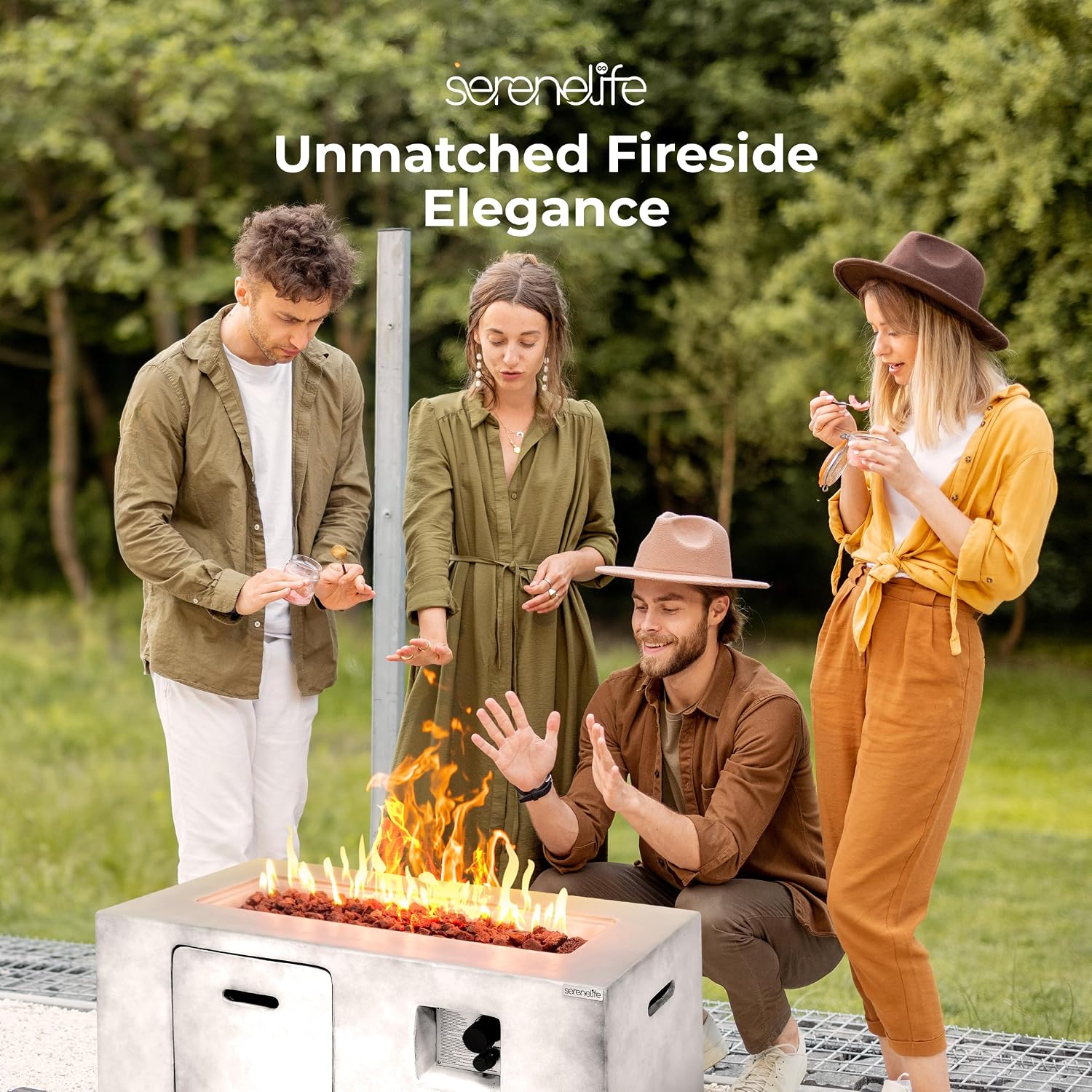 SereneLife Fire Pit Table 50,000 BTU Propane Gas Fire Pit with Adjustable Flame, Stainless Steel Burner, Weather-Resistant Build, Easy Propane Tank Access, and Elegant Lava Rocks for Patio or Backyard