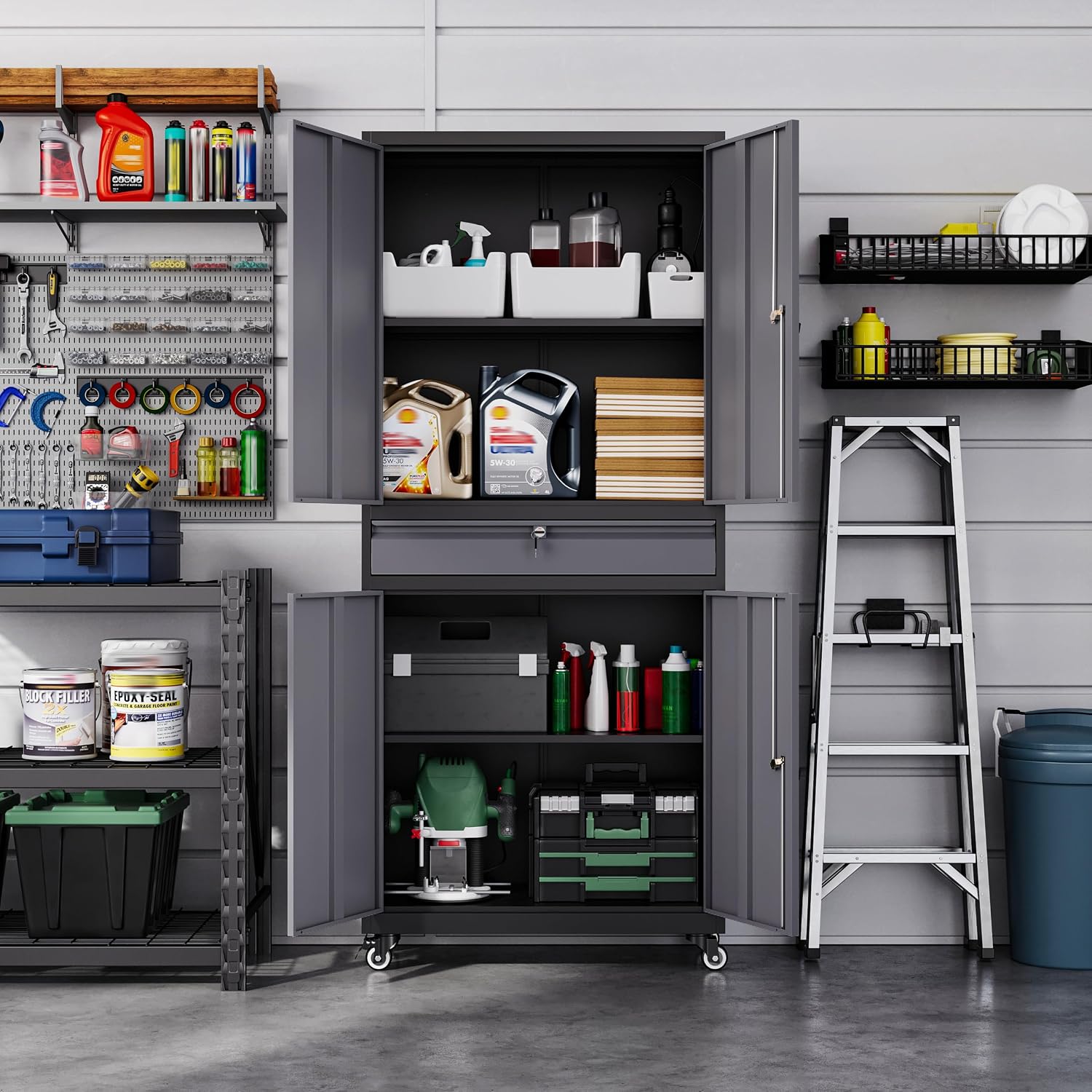 Letaya Metal Garage Storage Cabinet with Wheels,72' Rolling Tool Cabinet with 4 Door Lock-Adjustable Shelves and Drawer for Garage Home Office Utility Room (Black&Gray with Wheels)