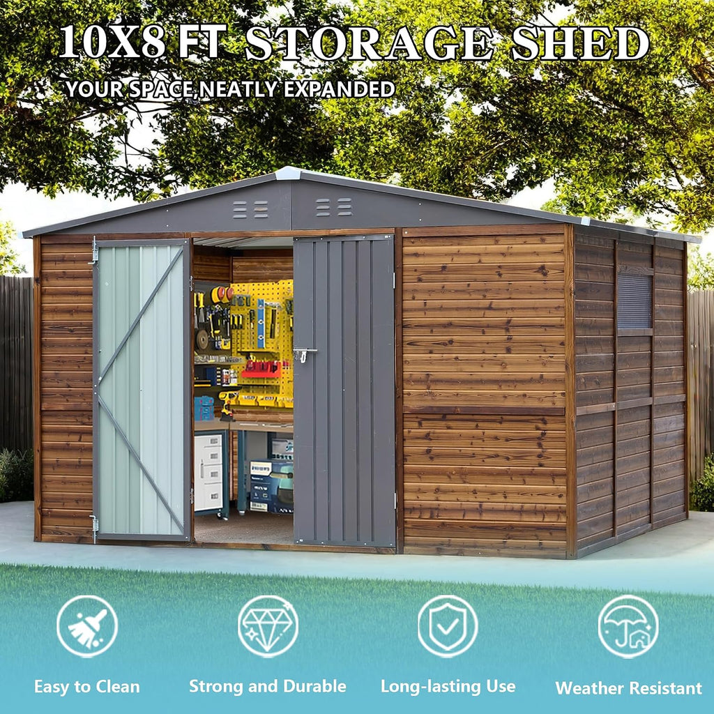 8x10 FT Outdoor Tool Shed, Wood-Iron Combination Storage Shed with Ventilation, Weather-Resistant Roof, Lockable Doors & Wood Grain Finish for Backyard and Garden