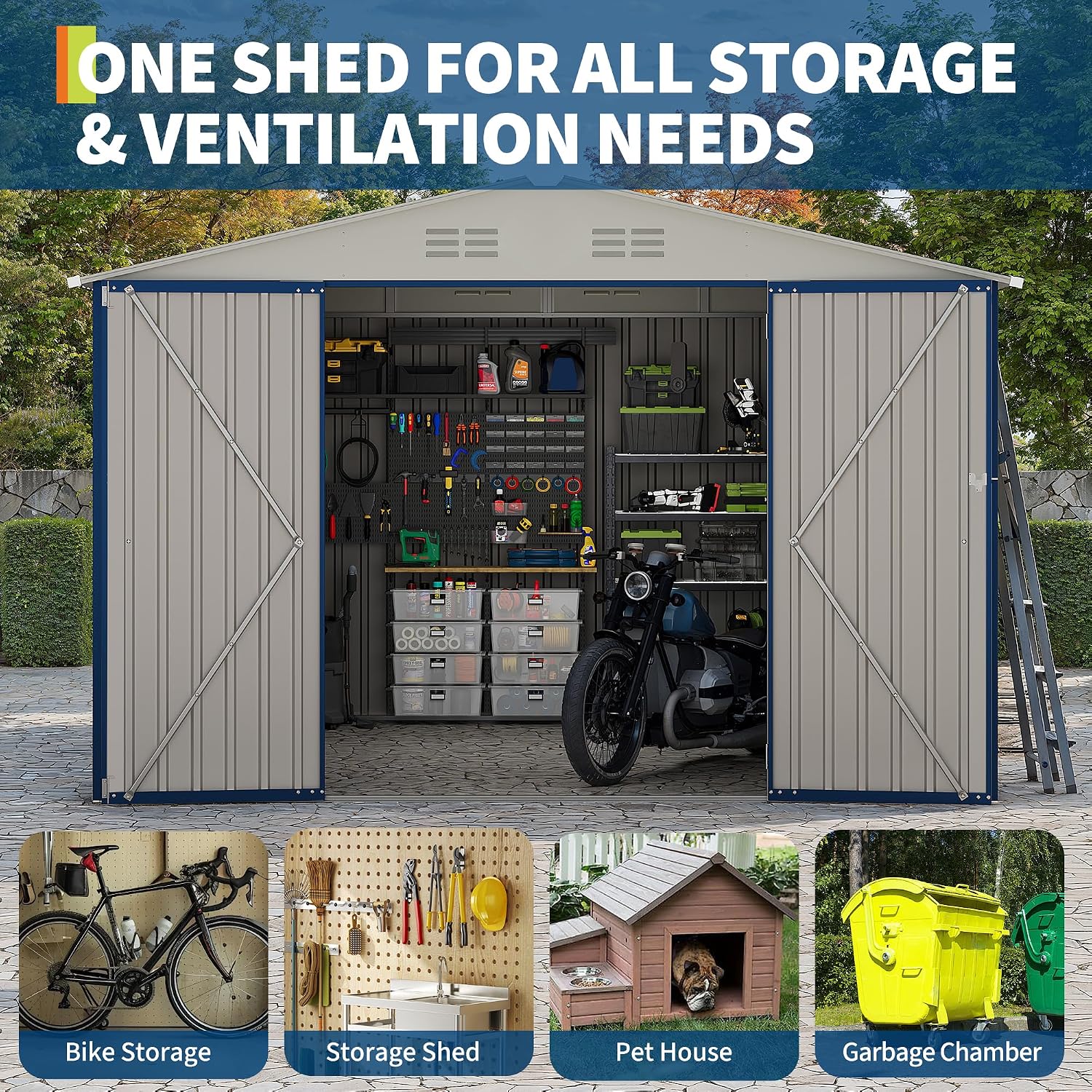 Garvee 10 X 10 FT Outdoor Storage Shed,Metal Garden Sheds&Outdoor Storage Clearance, Large Outdoor Storage Shed for Tools, Lawn Equipment, Garden Supplies - All Weather Lockable Metal Shed