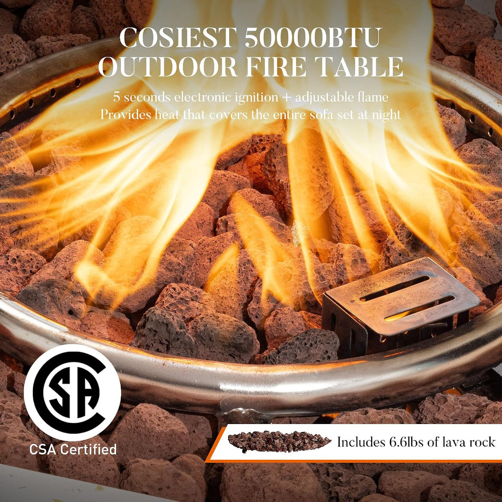 COSIEST Outdoor Propane Fire Pit Table w Compact Ledgestone 19-inch Square Graphite Base with Waterproof Cover, Certified, 40,000 BTU, Free Lava Rocks, Touch-up Pen, Fits 20lb (Grey&White)