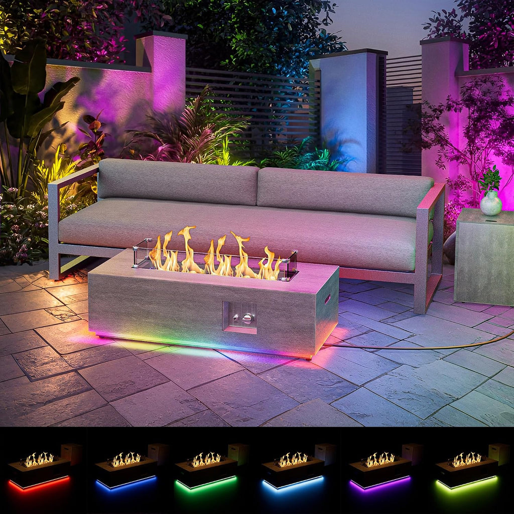 Dineli 2-Piece Outdoor Propane Fire Pit Table Set w Tank Table 42'' Rectangular Firepit Gas Fire Pits for Outside Patio Table Fire Pit w LED, 50,000 BTU (Gray, with RGB Light)