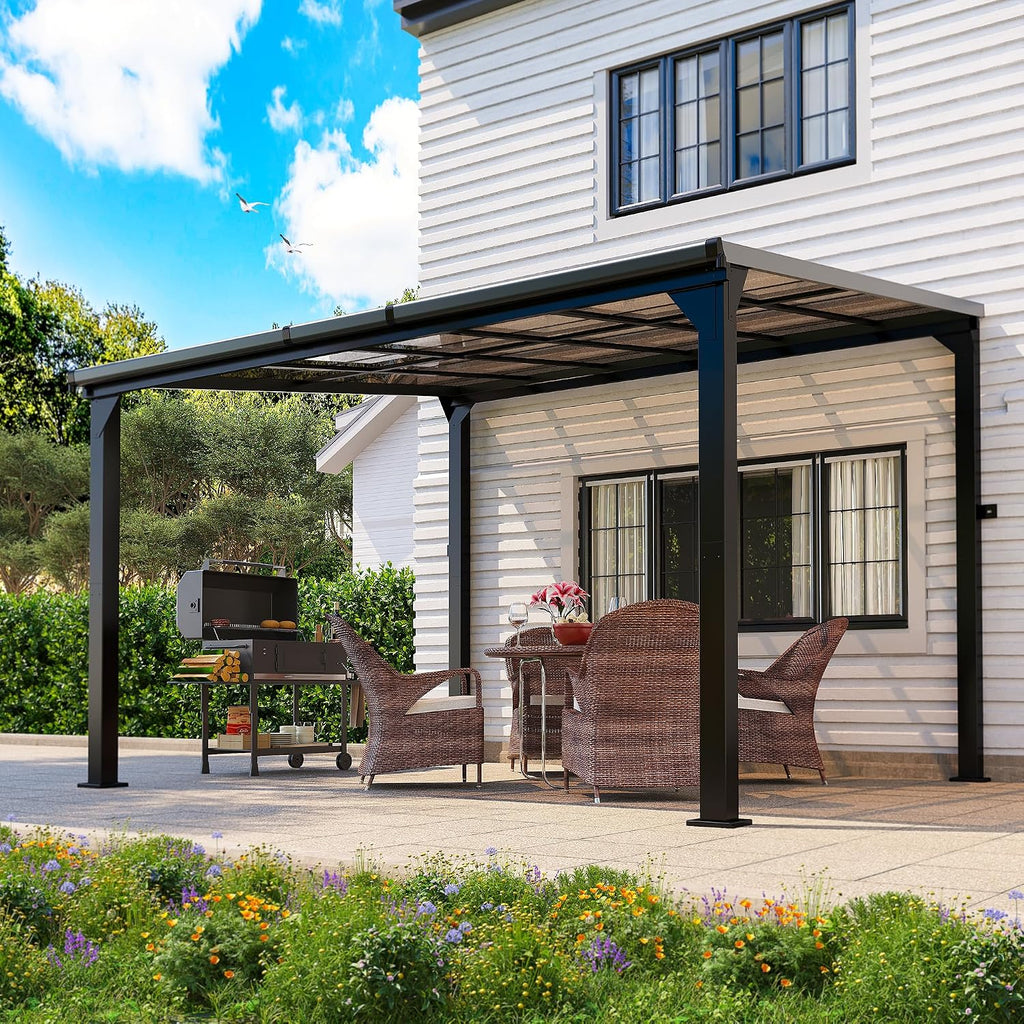 Pamapic 10 * 12FT Pergola,4 * 4 Inch Thickened Pillars & Enlarged Base,Outdoor Hardtop Lean to Gazebo,Wall Mounted Pergola,Pergolas Gazebos Clearance,Aluminum Frame Pergola,UV Resistant Patio Roof