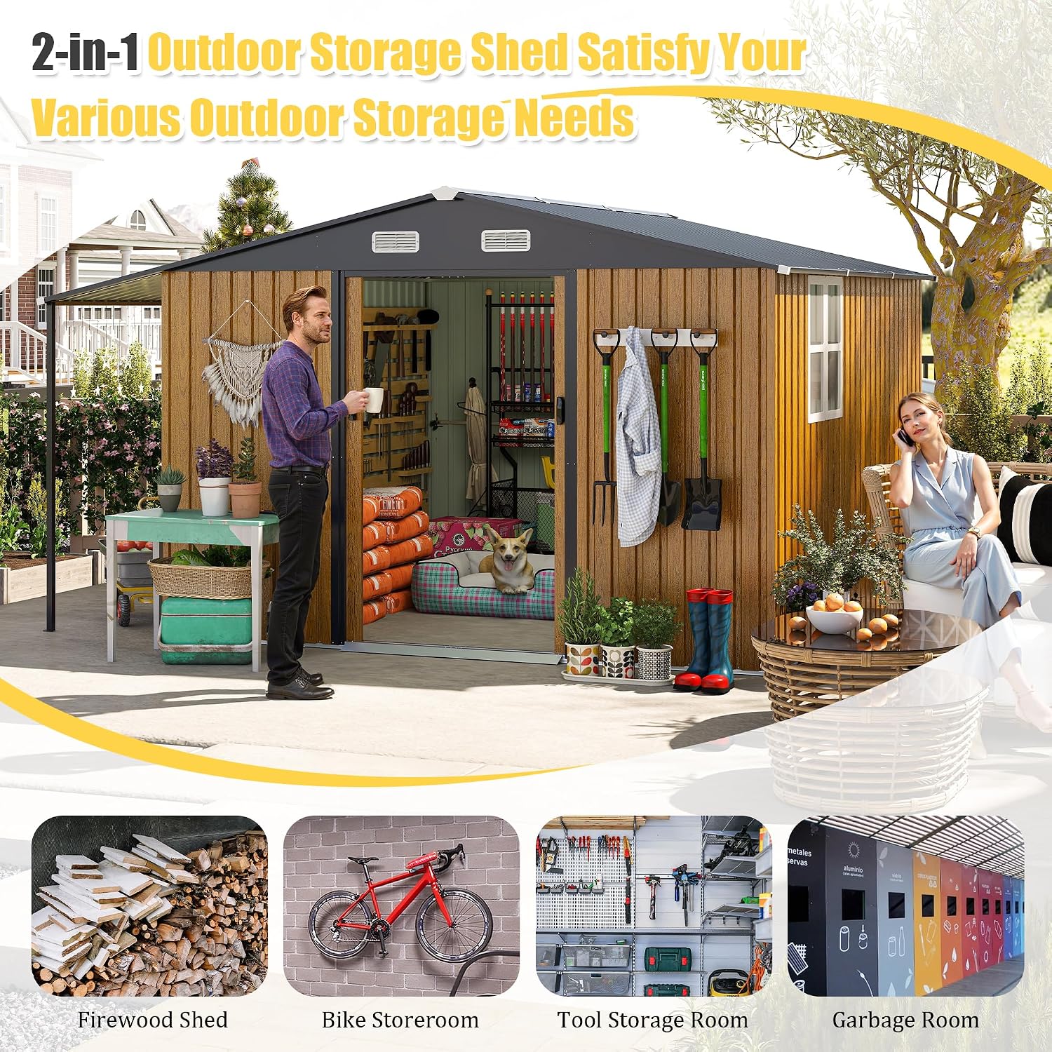 【LuckyNote】 10x12 Ft Outdoor Storage Shed, Extra Large Metal Shed with Lockable Doors, Windows, Outside Steel Tiny House Ideal for Garden, Backyard, Patio Utility, Tool Storage，3 Separate parcels