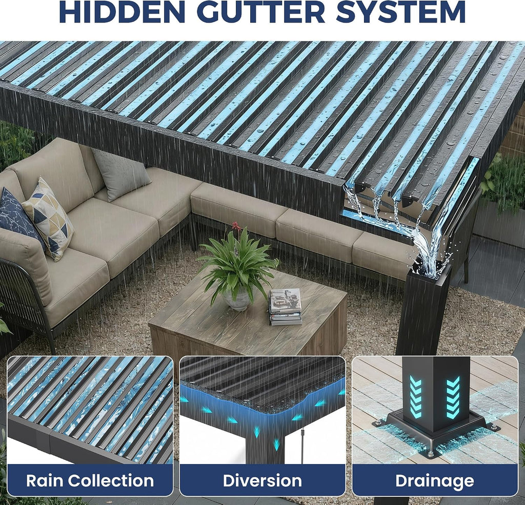 10' x 12' Louvered Pergola, Outdoor Pergola with Metal Adjustable Louvered Roof & Gutter System, Hardtop Patio Gazebo for Backyard, Patio, Garden, Dark Gray