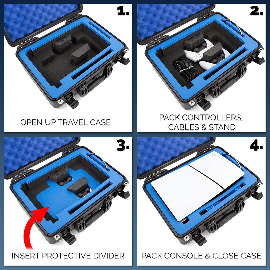 CASEMATIX Travel Case Compatible With PS5 Slim & PlayStation 5 Slim Digital Edition - Hard Shell Waterproof Case with Custom Foam for Console, Controllers, Stand, Cables and Game