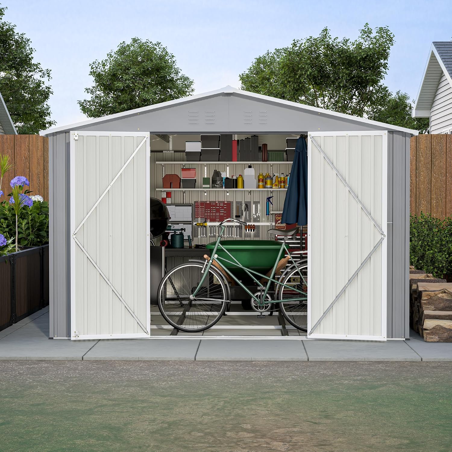 10 x 12 ft. Outdoor Storage Shed with Floor Frame Kit, Galvanized Steel Garden Shed, Metal ShedsGarden Tool Shed with Double Lockable Doors for Backyard Patio Lawn, Gray