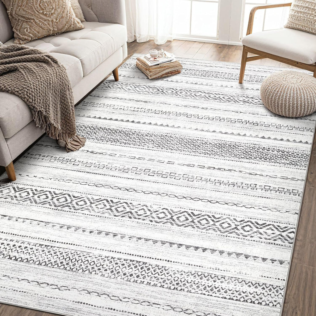 kakania 9x12 Washable Area Rug: Non Slip Soft Thin Carpet, Boho Geometric Modern Decor, Easy Clean Indoor Floor Large Rugs for Living Room Bedroom Kids Dorm Office Dining - Square Grey