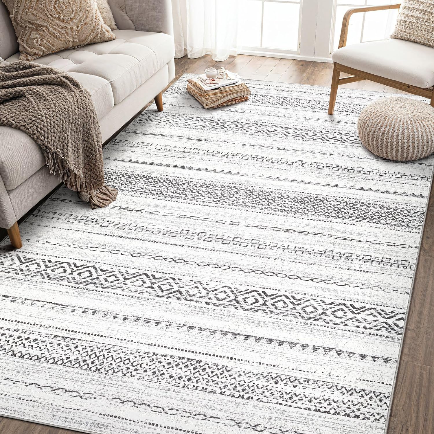 kakania 9x12 Washable Area Rug: Non Slip Soft Thin Carpet, Boho Geometric Modern Decor, Easy Clean Indoor Floor Large Rugs for Living Room Bedroom Kids Dorm Office Dining - Square Grey