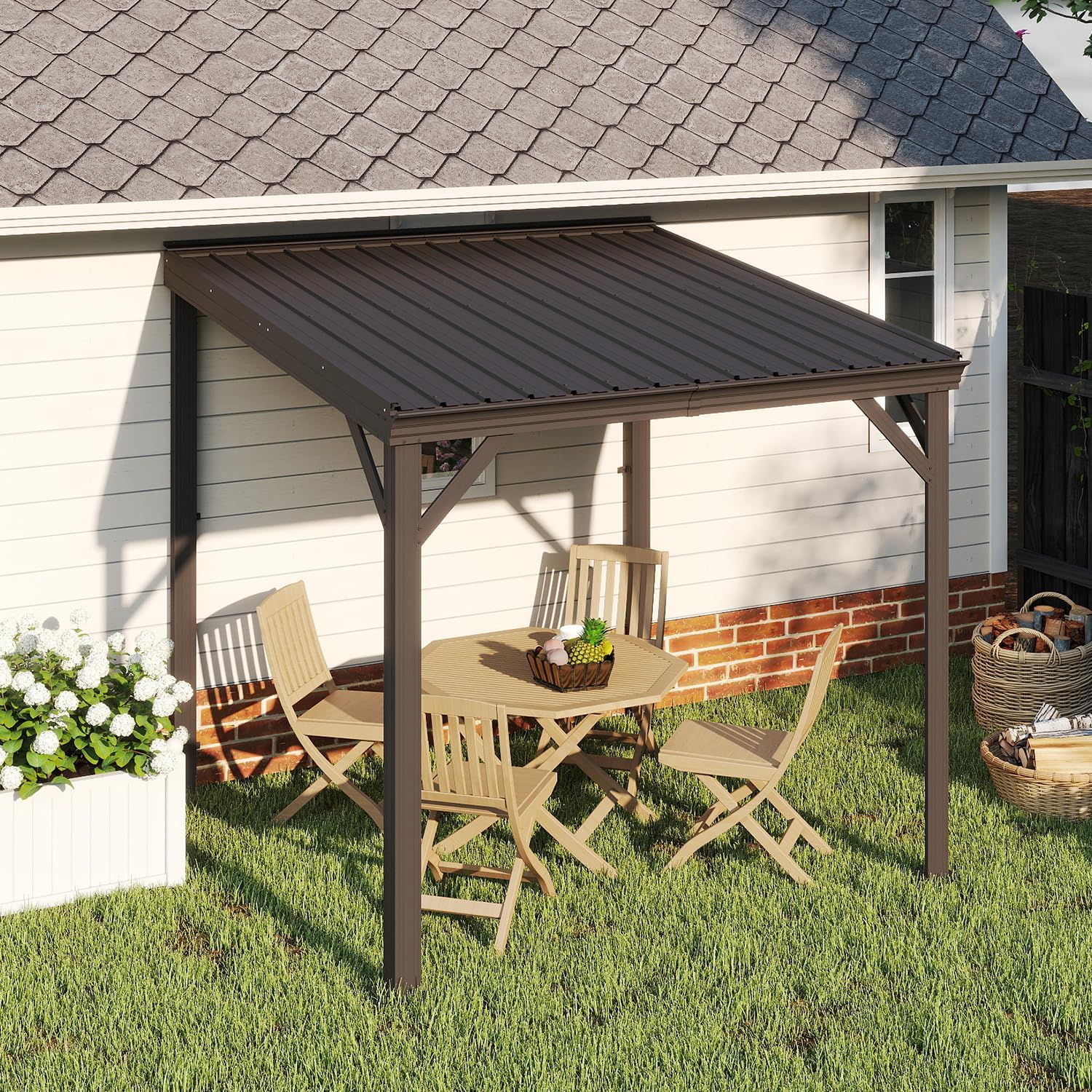 Domi 8' x 8' Wall-Mounted Hardtop Gazebo Pergola – Permanent Lean-to Outdoor Shelter with Sloped Galvanized Steel Roof & Upgraded Drainage – Grey Metal Patio Cover for Backyard, Deck, Garden, Brown