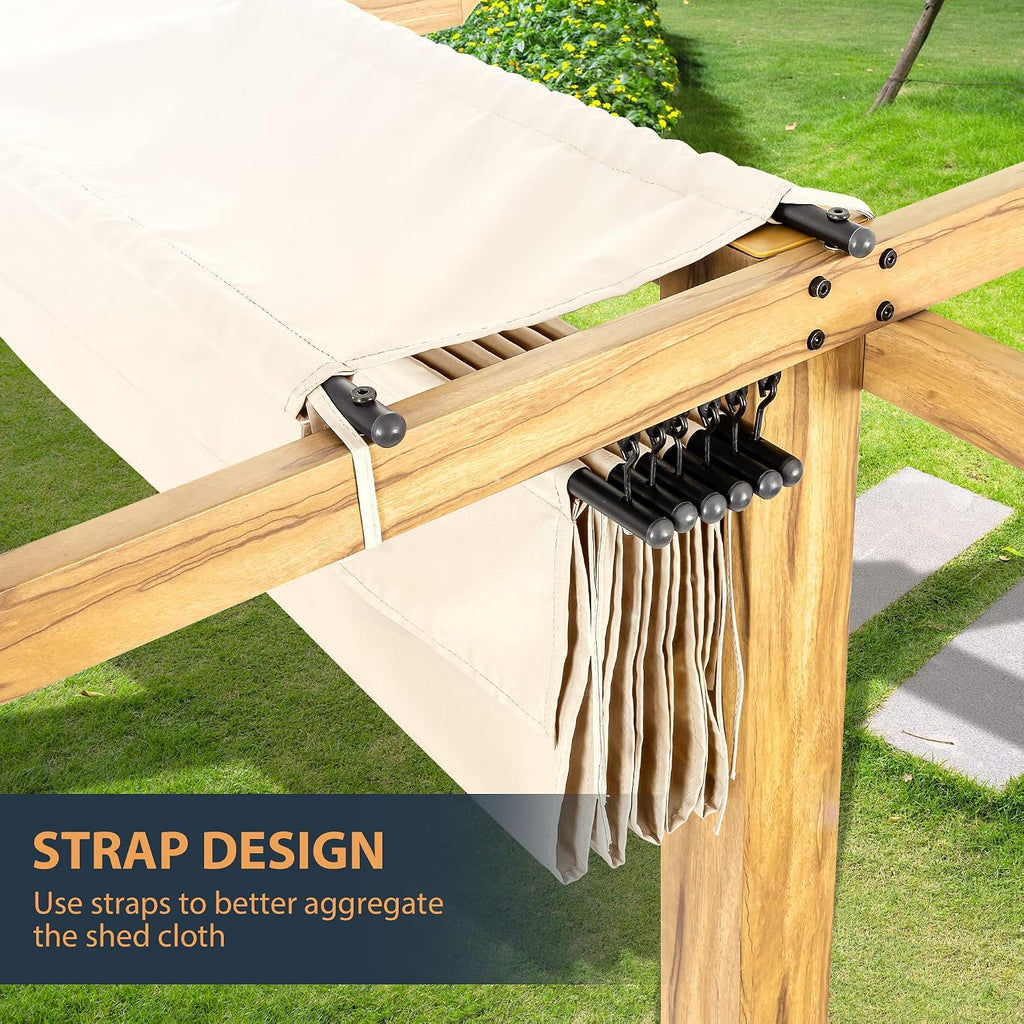 HAPPATIO 10' X 10' Wood-Grain Aluminum Pergola - Adjustable Sun Shade Canopy with Retractable Roof for Backyard, Deck, Patio, by The Pool (Beige)